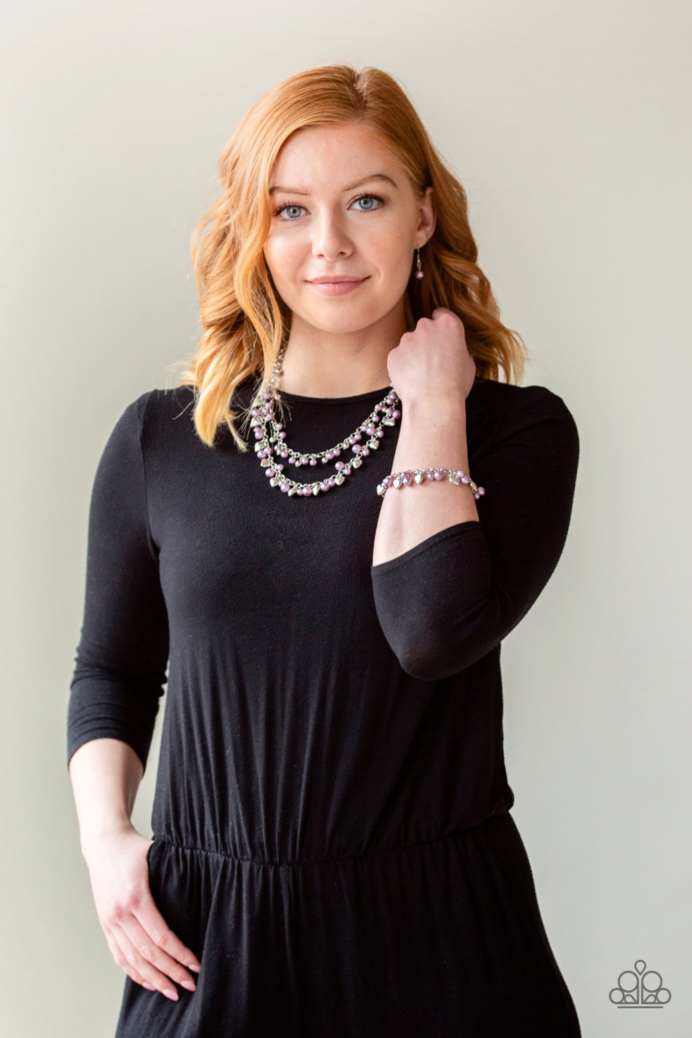 ONE OF A KIND-HEARTED - PURPLE LAVENDER PEARLS SILVER HEARTS CHARM BRACELET