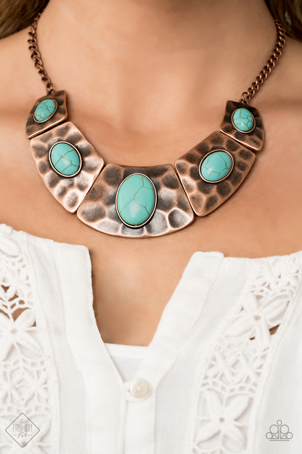 SIMPLY SANTA FE - JULY 2019 BLUE TURQUOISE HAMMERED COPPER CRESCENT NECKLACE