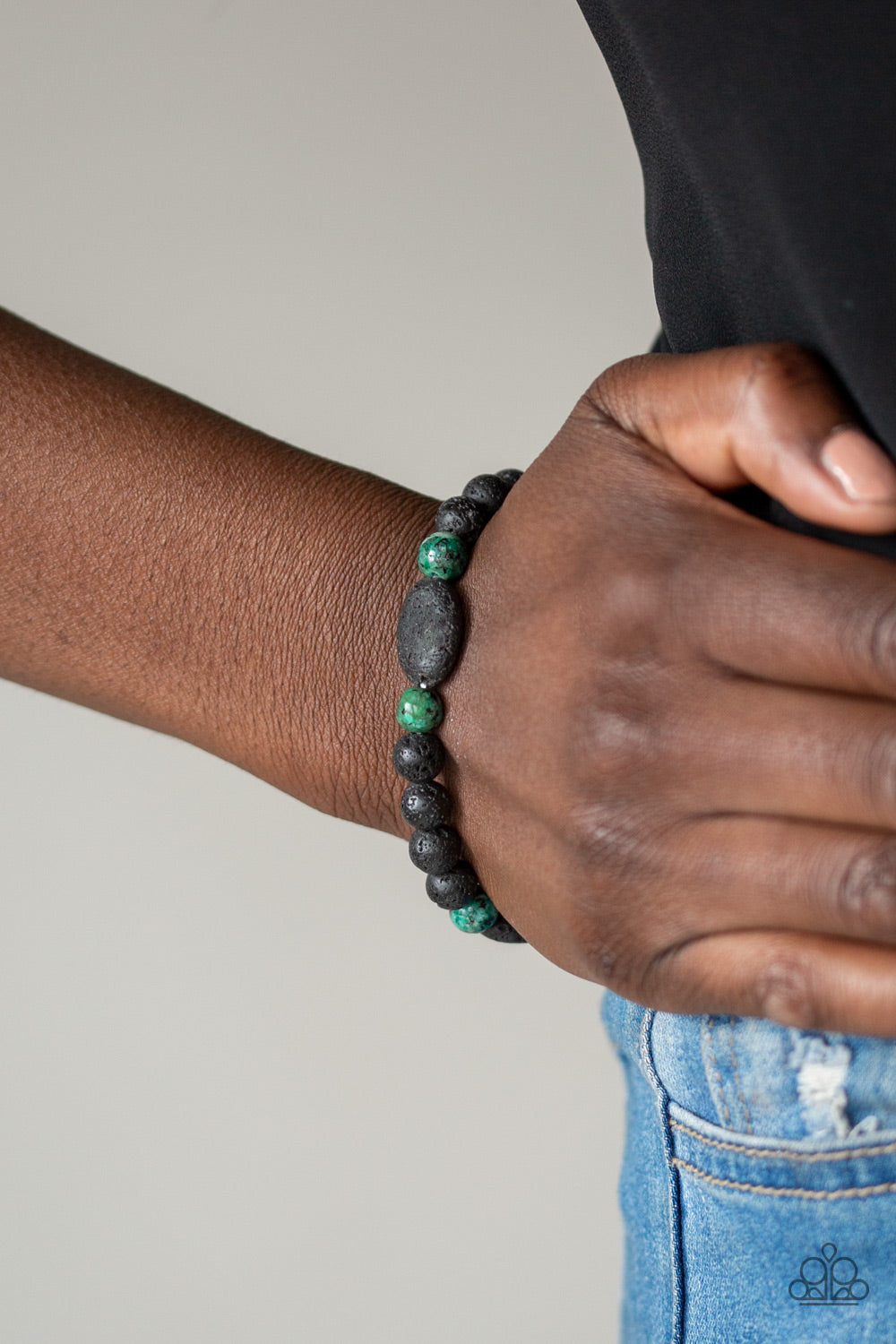A HUNDRED AND ZEN PERCENT - GREEN SPECKLED STONE LAVA BEADS STRETCH BRACELET