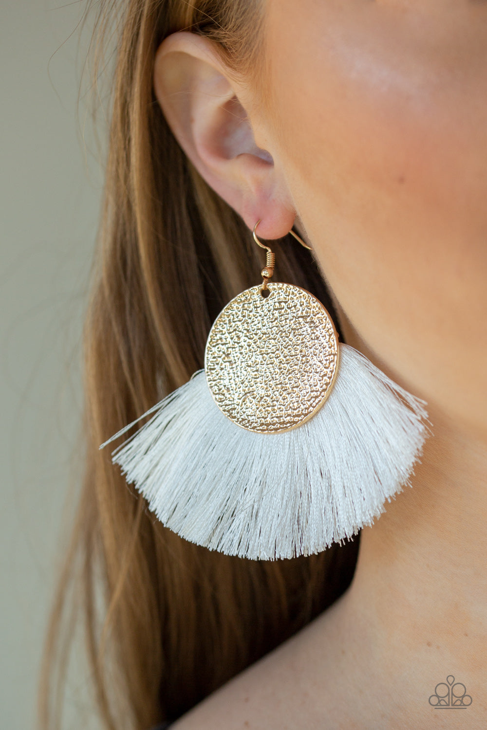FOXTROT FRINGE - GOLD WHITE THREAD GOLD TEXTURED DISC FRINGE EARRINGS