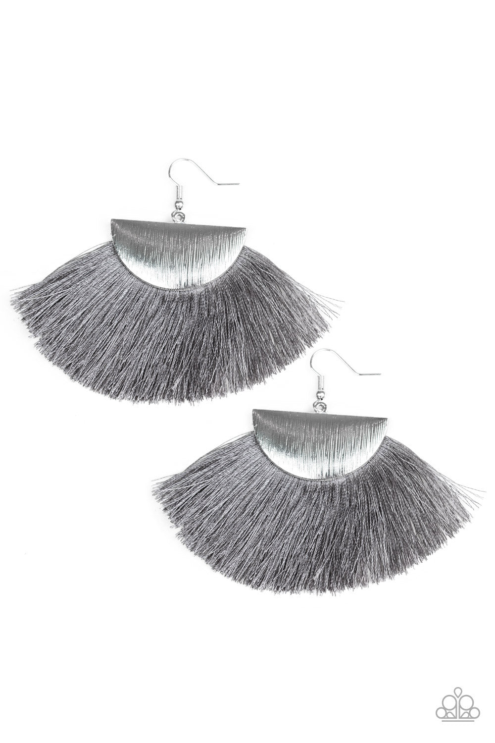 FOX TRAP - SILVER GRAY THREAD SILVER TEXTURED HALF CIRCLE FRINGE EARRINGS