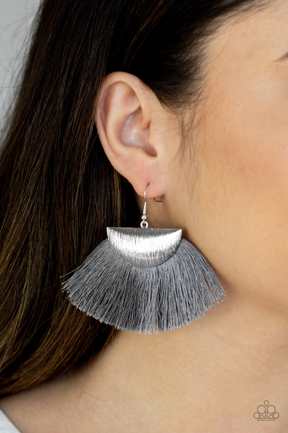 FOX TRAP - SILVER GRAY THREAD SILVER TEXTURED HALF CIRCLE FRINGE EARRINGS
