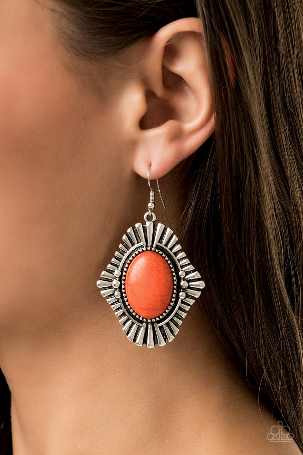 EASY AS PIONEER - ORANGE SAND STONE SILVER SUNBURST EARRINGS