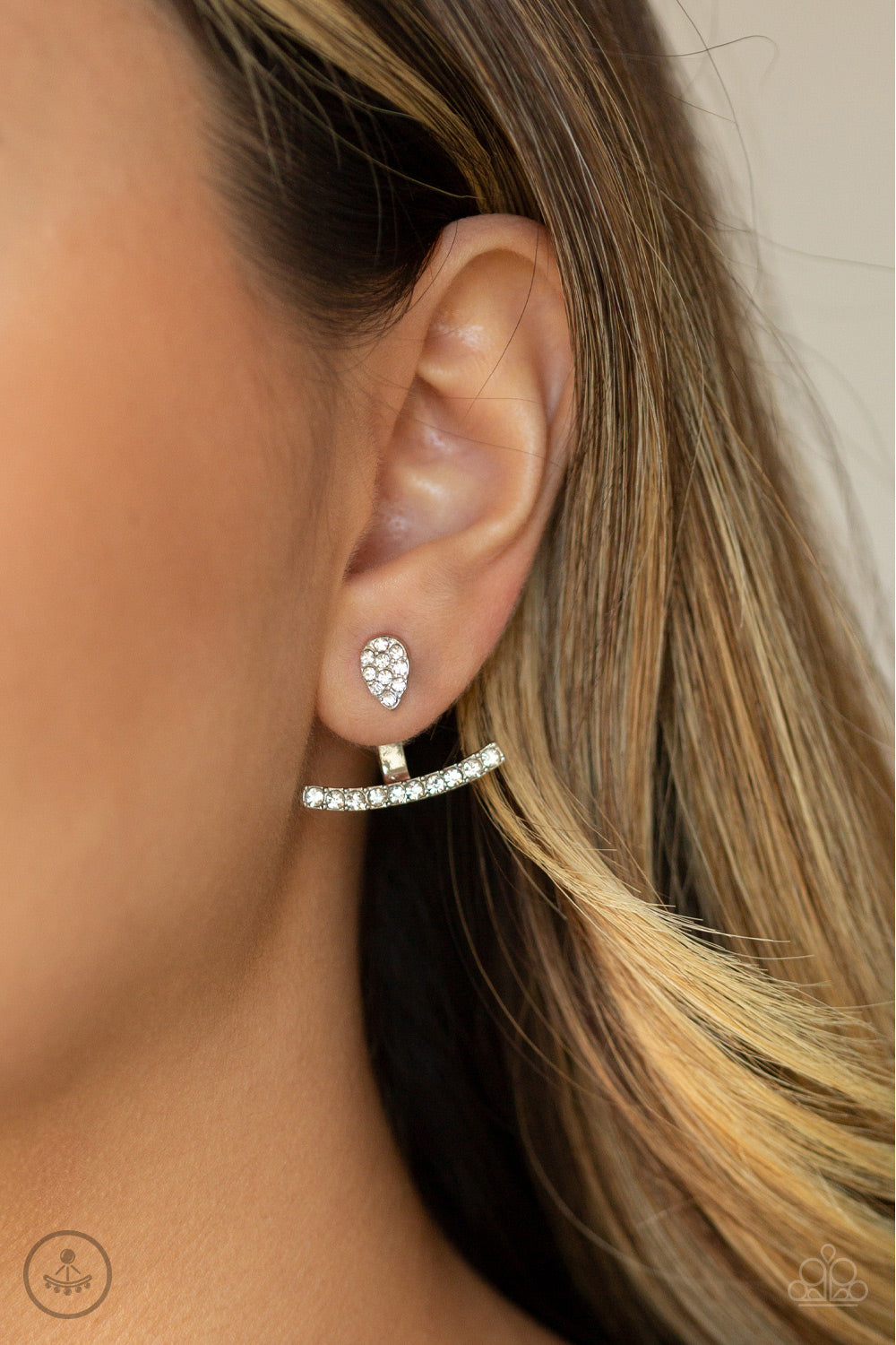 GLOWING GLIMMER - WHITE RHINESTONES DAINTY CURVE BAR JACKET EARRINGS
