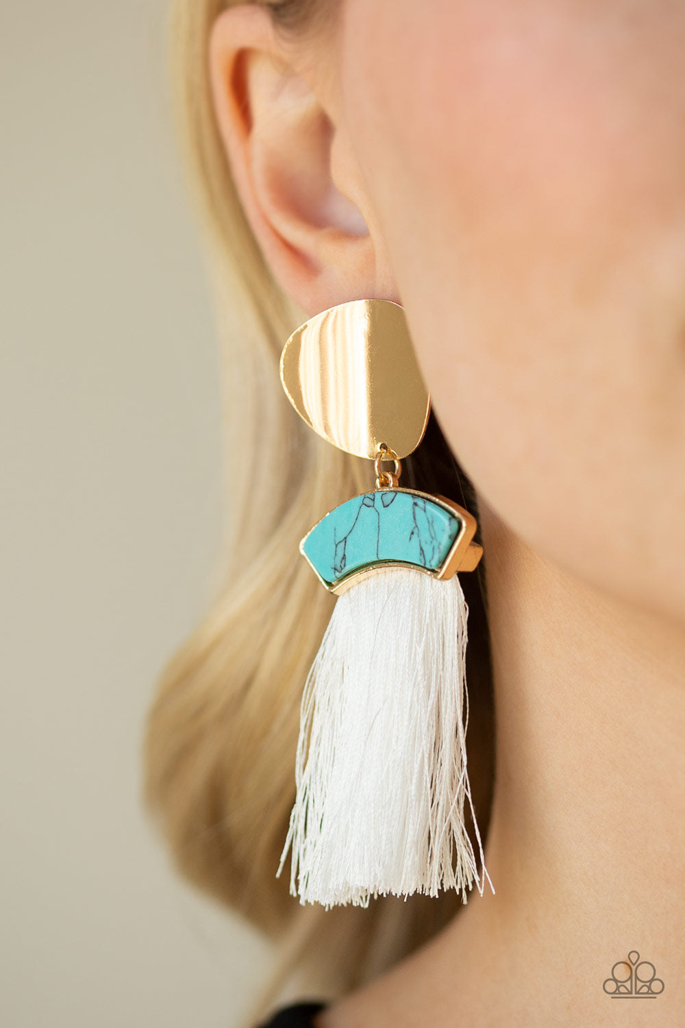 INSTA INCA - BLUE TURQUOISE WHITE FRINGE GOLD POST EARRINGS