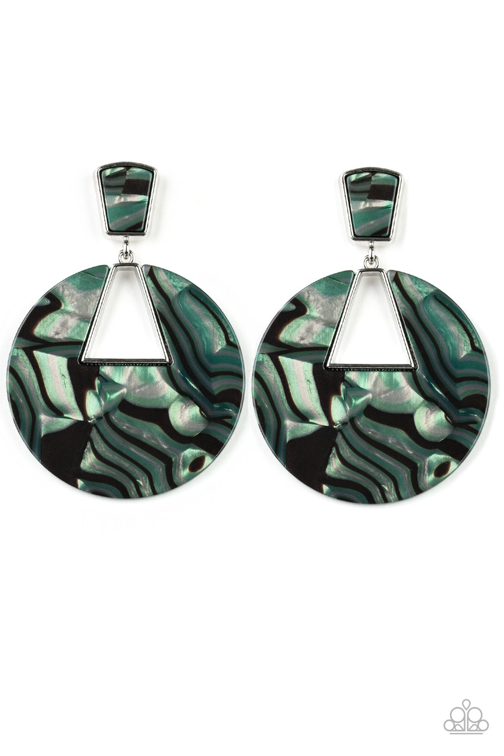LET HEIR RIP! - GREEN MARBLED SILVER TRIANGLE CUT OUT ACRYLIC EARRINGS