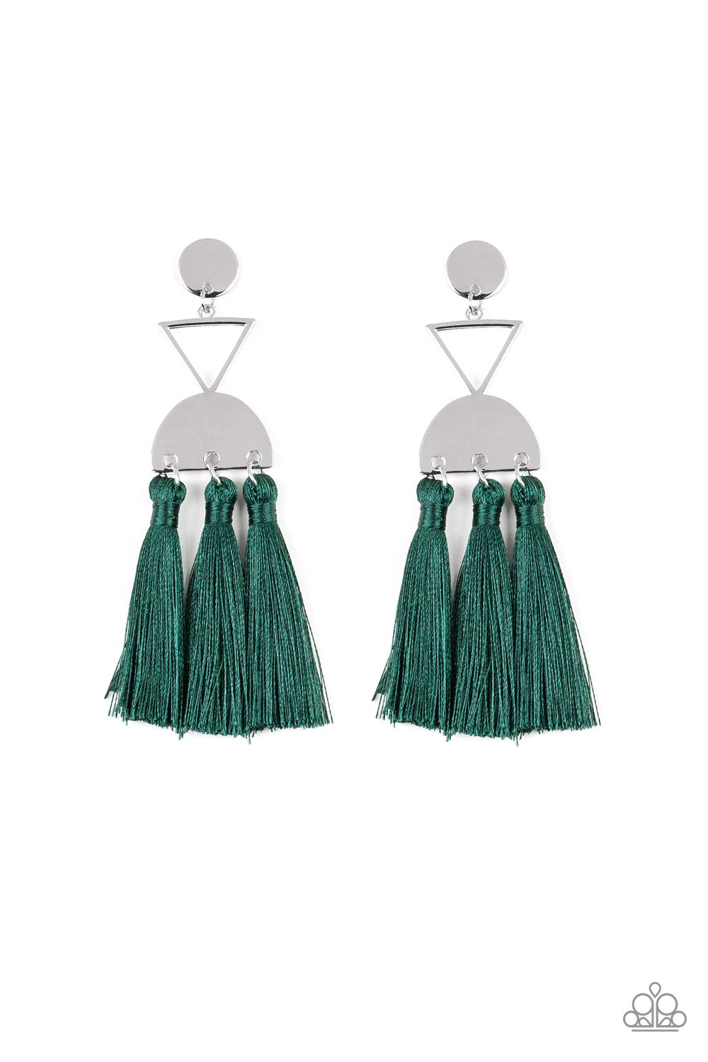 TASSEL TRIPPIN - GREEN TASSEL SILVER TRIANGLE HALF CIRCLE POST EARRINGS