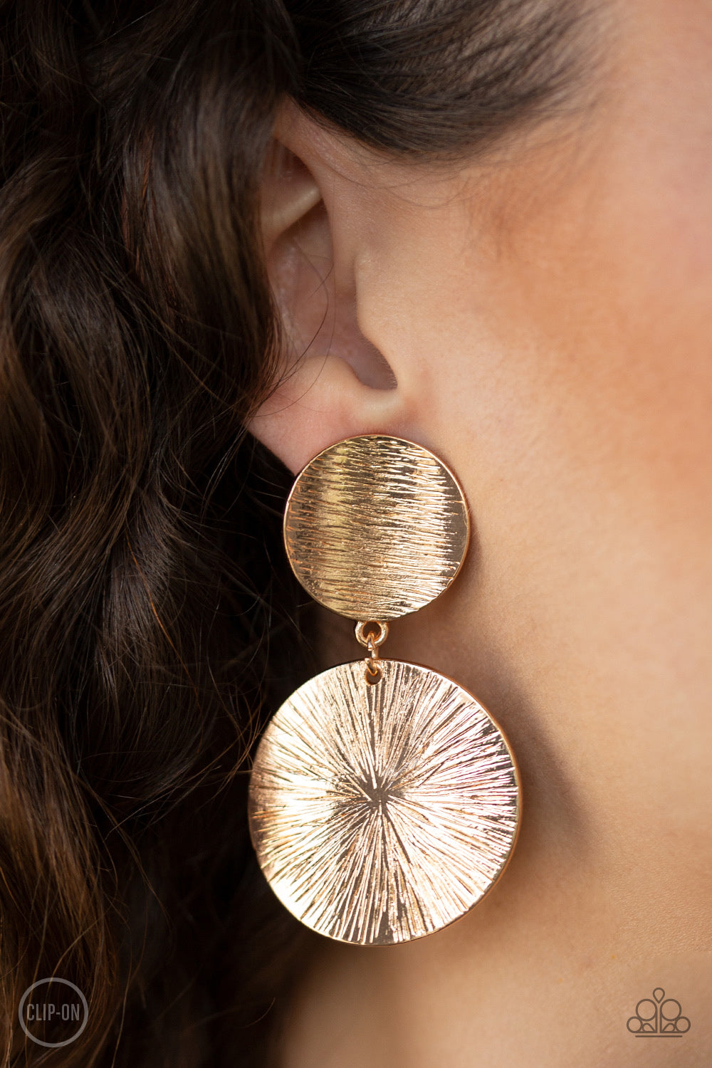 BRIGHT ON CUE - GOLD TEXTURED DOUBLE CIRCLE CLIPON EARRINGS