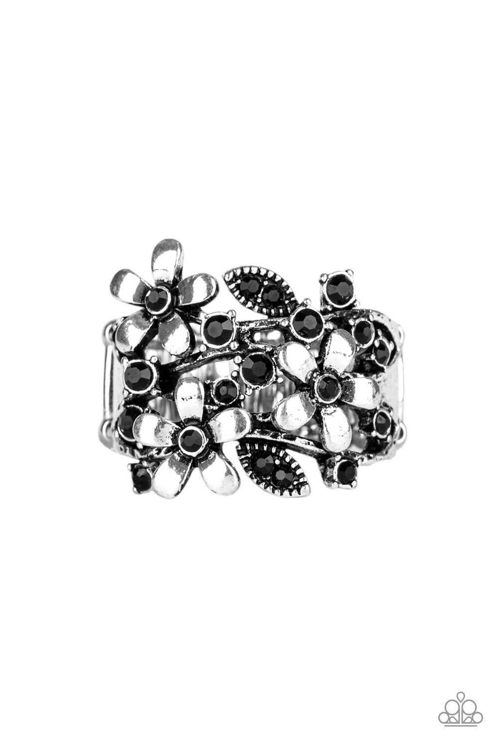 GARDENIA GLEAM - BLACK FLOWER RHINESTONE SILVER RING