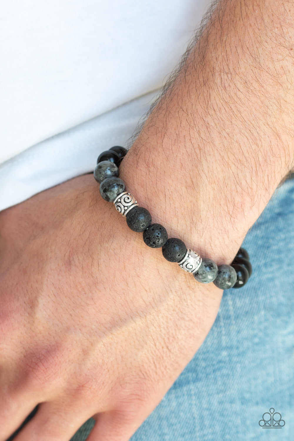 MANTRA - BLACK GRAY SILVER LAVA STONE STRETCH BRACELET