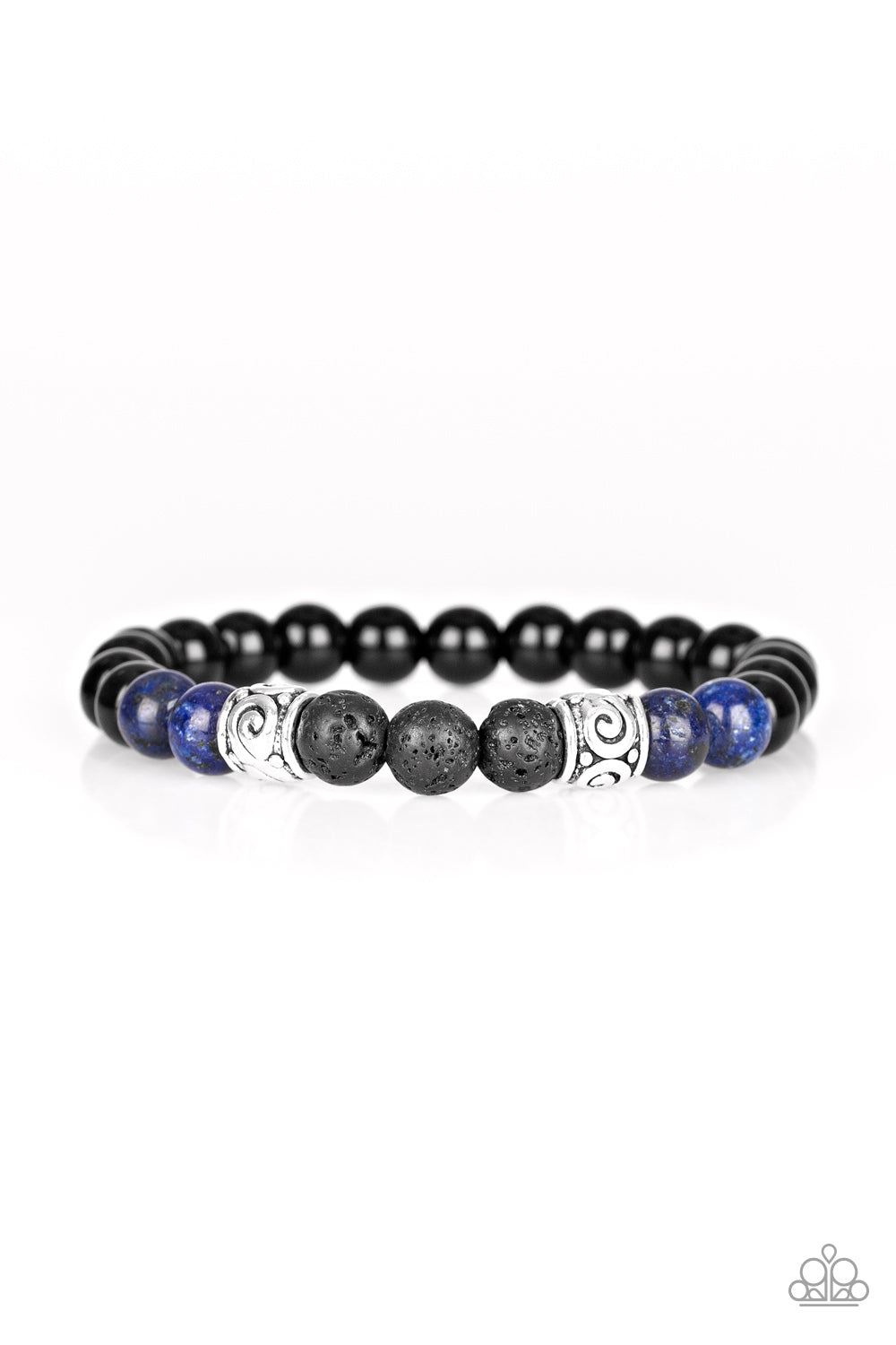 PROVERB - BLUE SODALITE NATURAL POLISHED LAVA STONES SILVER STRETCH ZEN BRACELET