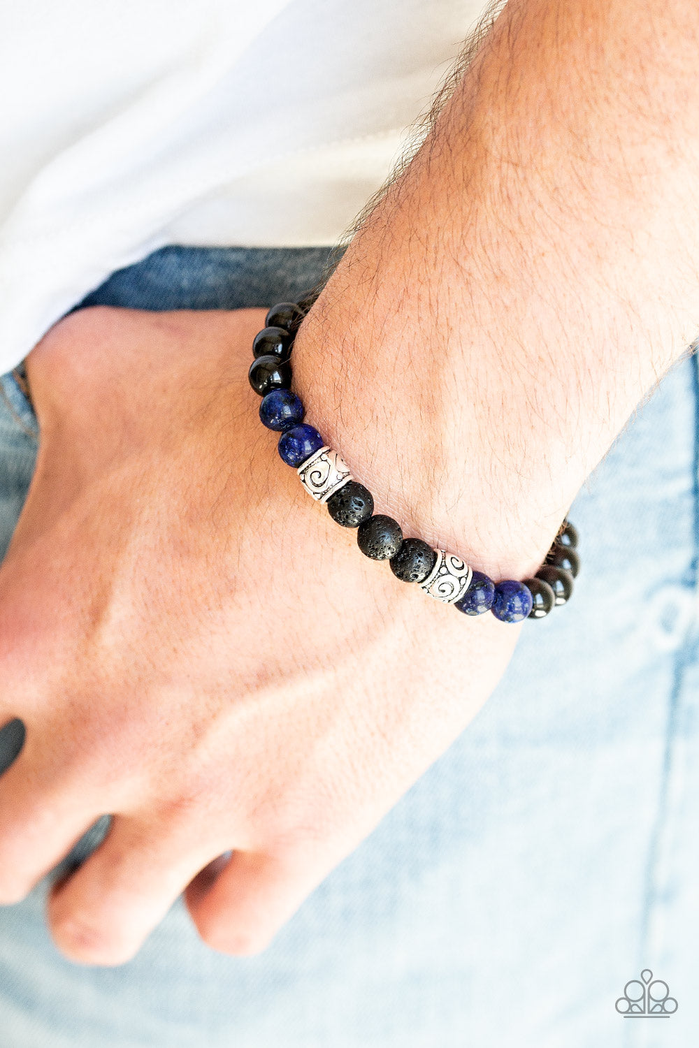 PROVERB - BLUE SODALITE NATURAL POLISHED LAVA STONES SILVER STRETCH ZEN BRACELET