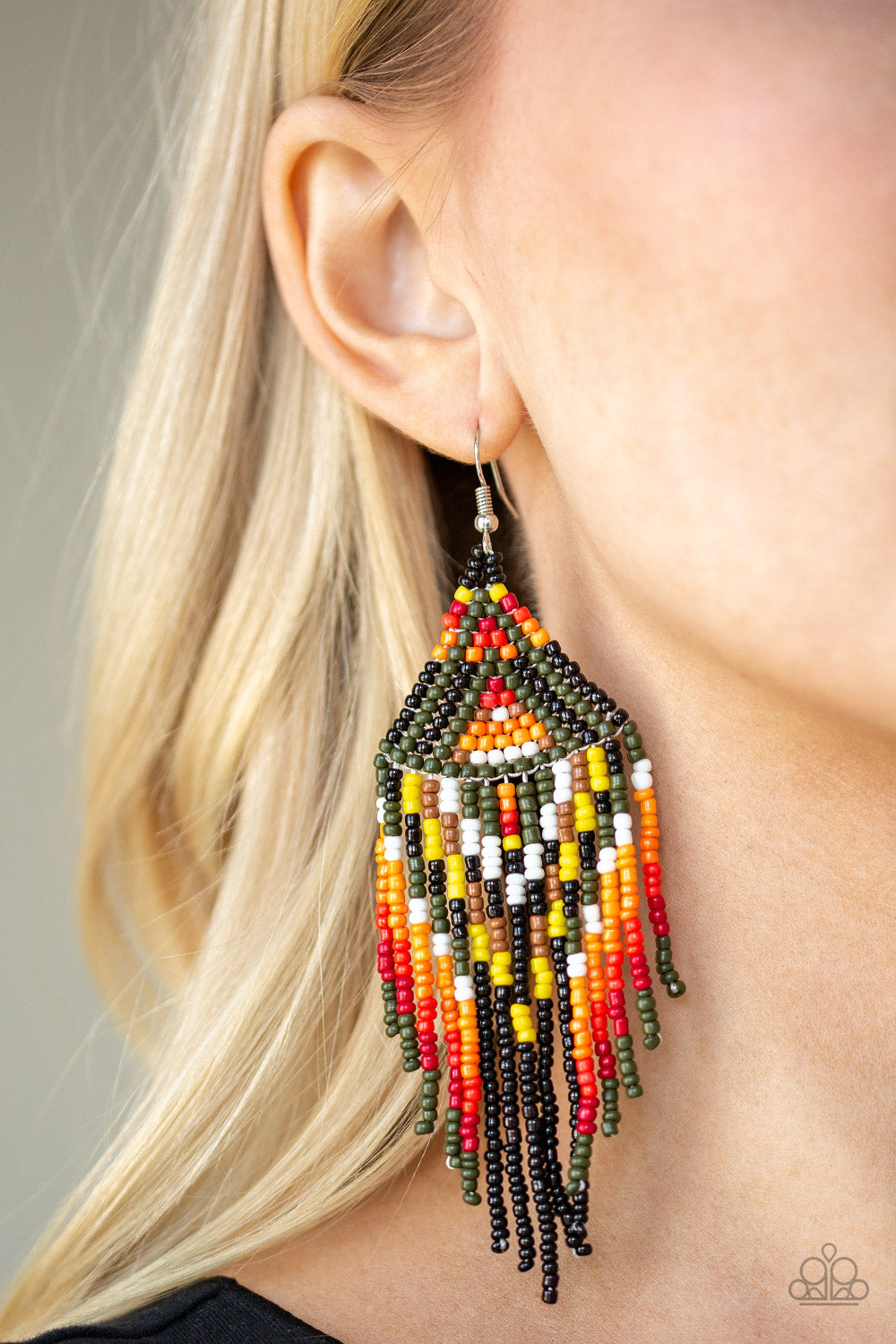 BOHO BLAST - GREEN BLACK BROWN RED YELLOW BROWN WHITE SEEDBEAD BOHO BOHEMIAN EARRINGS