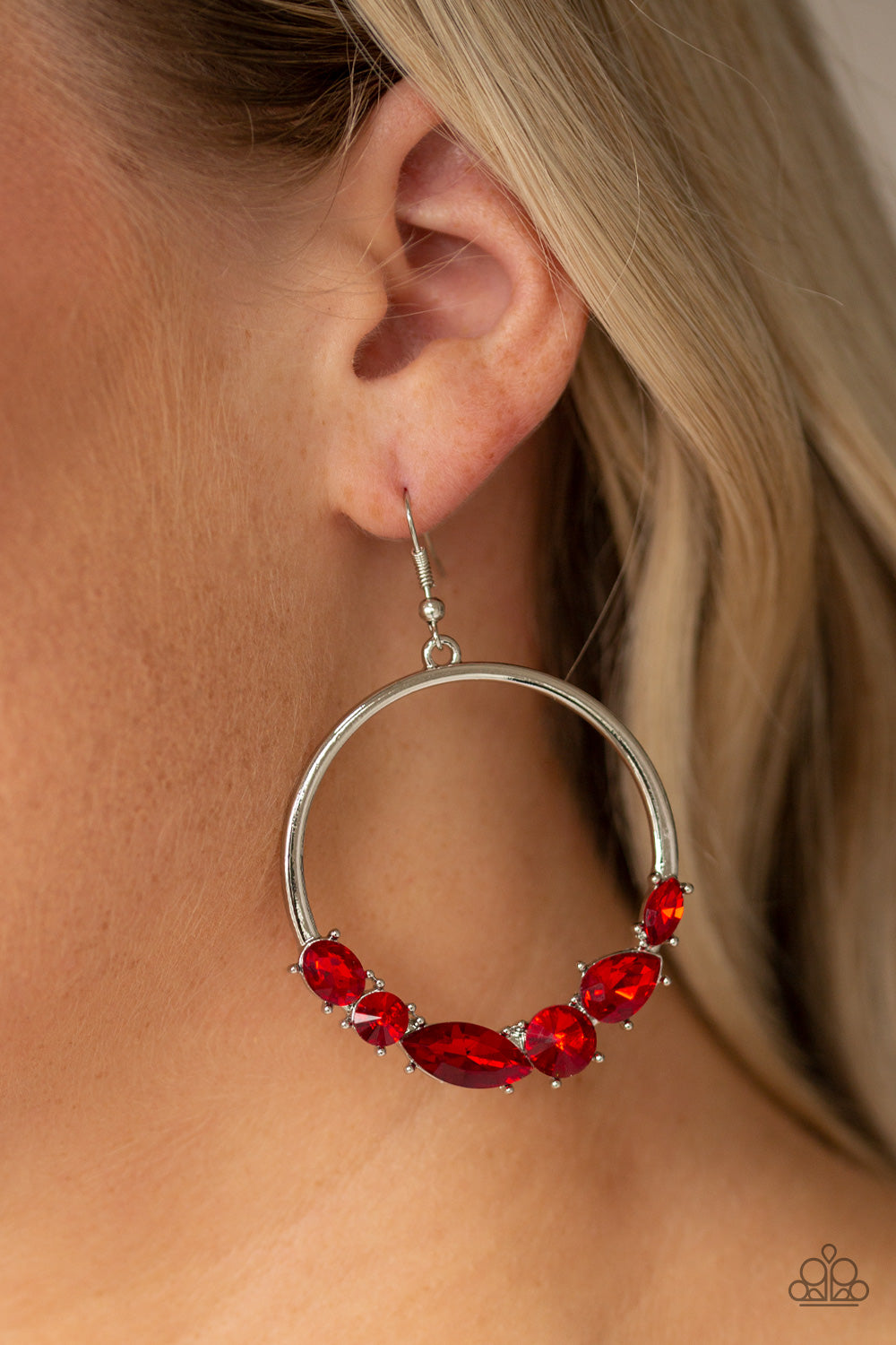 LEGENDARY LUMINESCENCE - RED RUBY RHINESTONES SILVER CIRCLE HOOP EARRINGS
