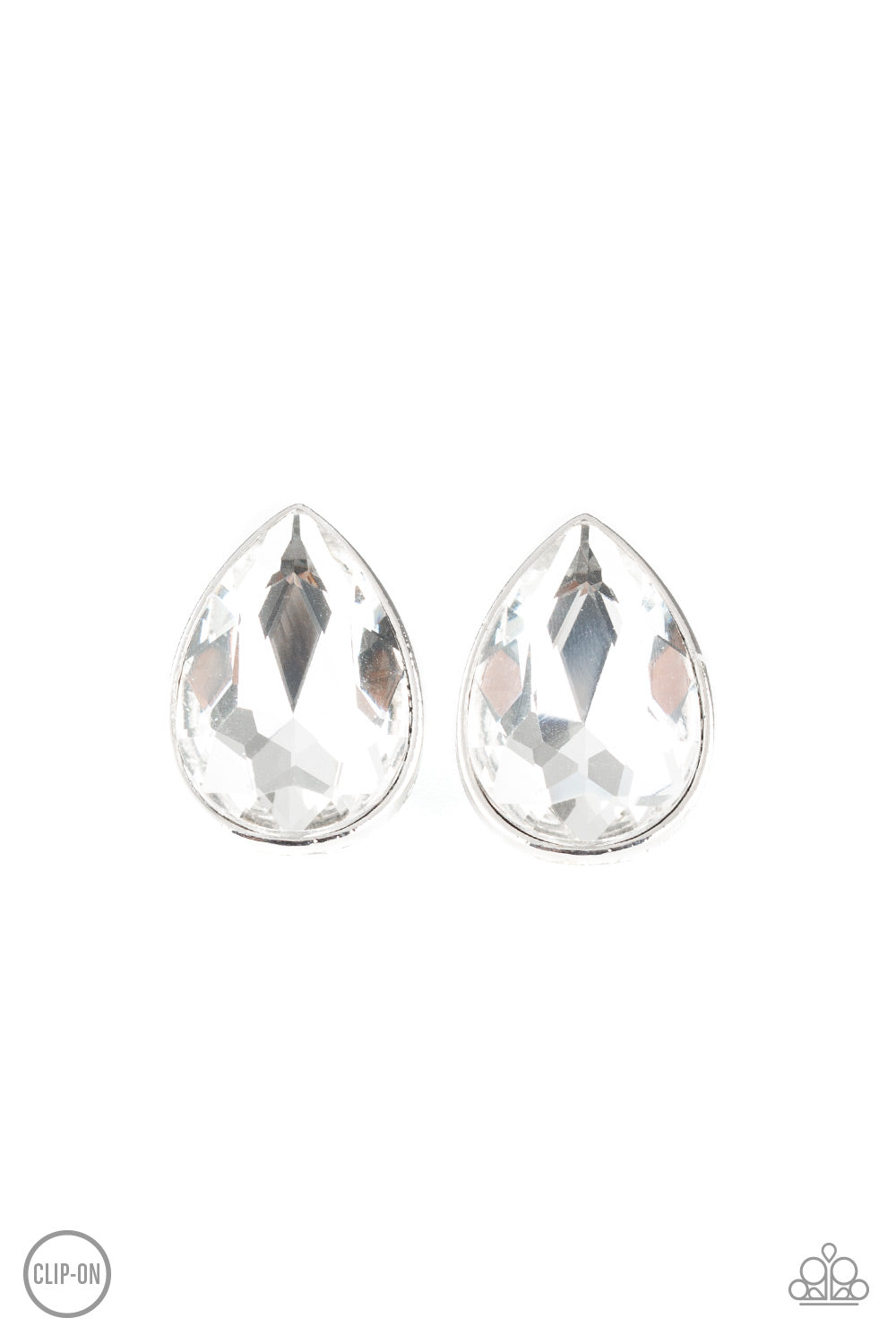 DANCE ON HEIR - WHITE CLEAR RHINESTONE TEARDROP SOLITAIRE CLIPON EARRINGS