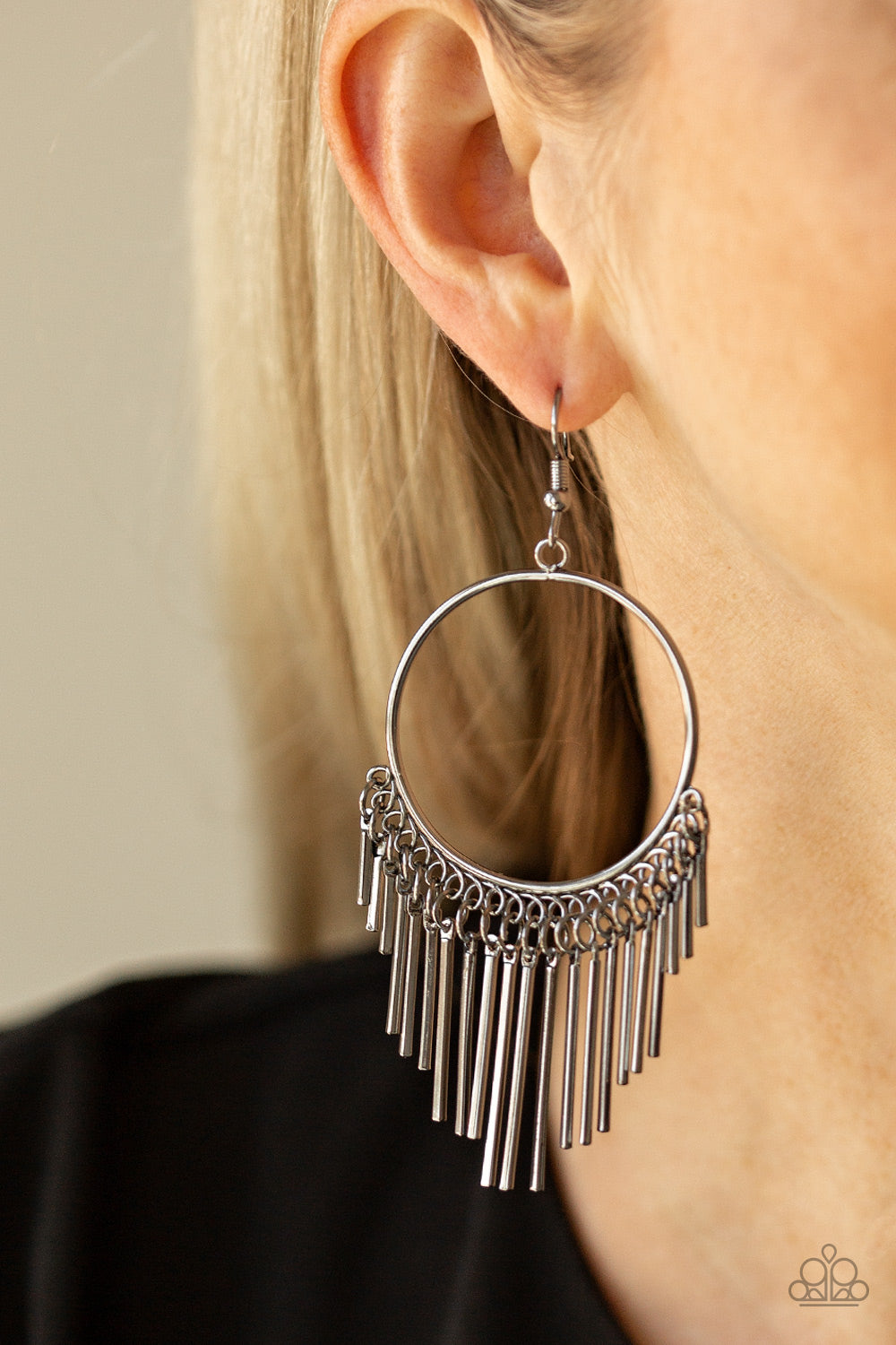 SOL FOOD - BLACK GUNMETAL CIRCLE HOOP FRINGE EARRINGS