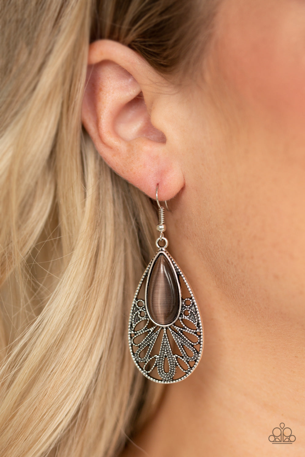GLOWING TRANQUILITY - BROWN MOONSTONE SILVER FILIGREE TEARDROP EARRINGS