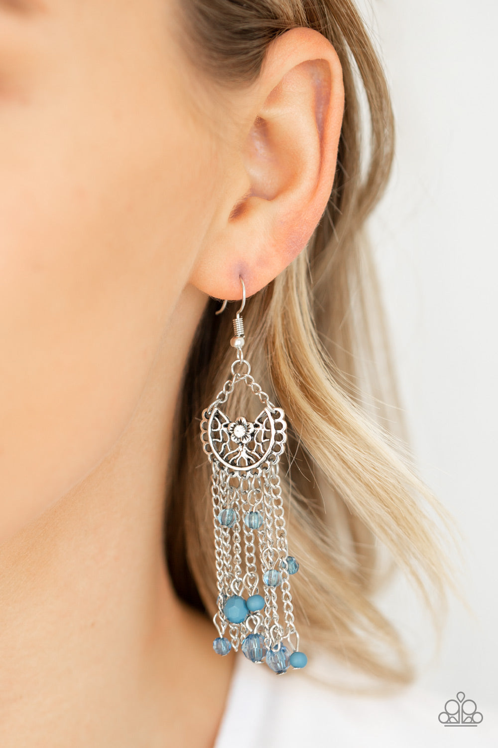 DAISY DAYDREAM - BLUE BEADS SILVER CHAINS FRINGE CHANDELIER EARRINGS