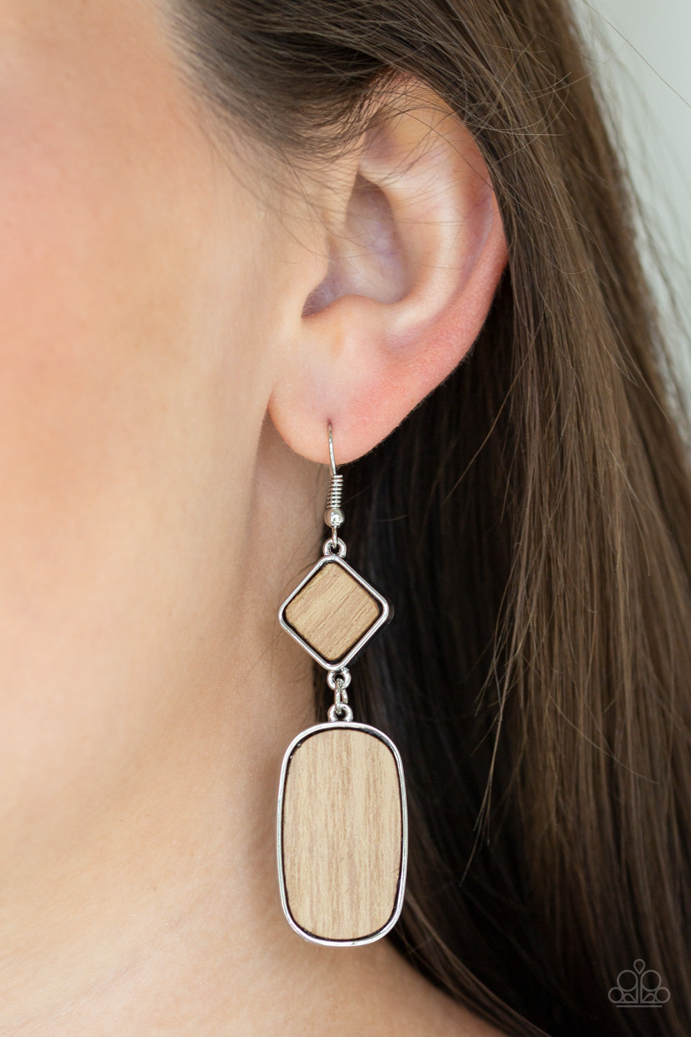 YOU WOOD BE SO LUCKY - BROWN WOODEN GEOMETRIC SILVER EARRINGS