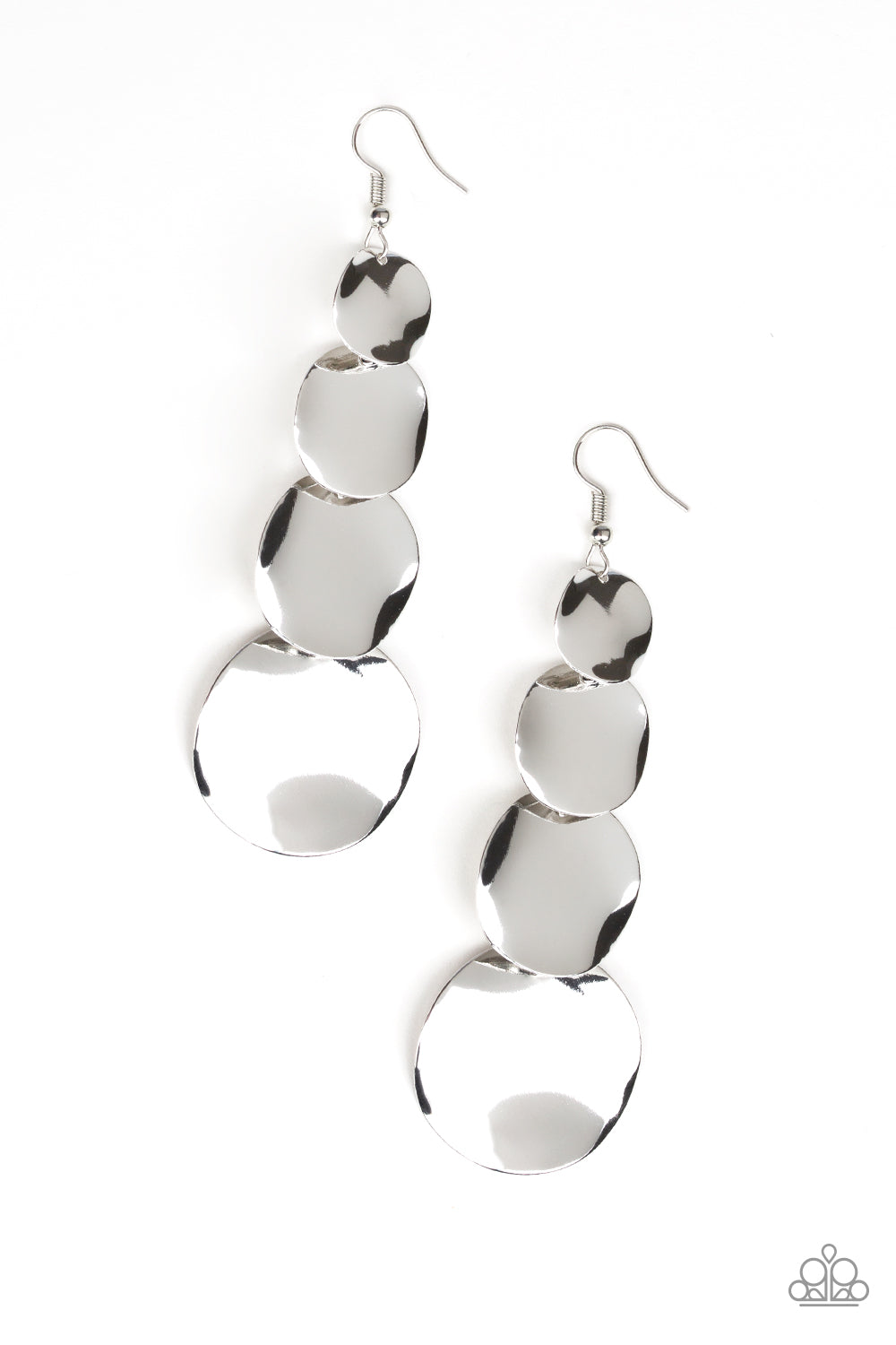 MODERN MECCA - SILVER GRADUATING WARPED DISCS SHINY EARRINGS