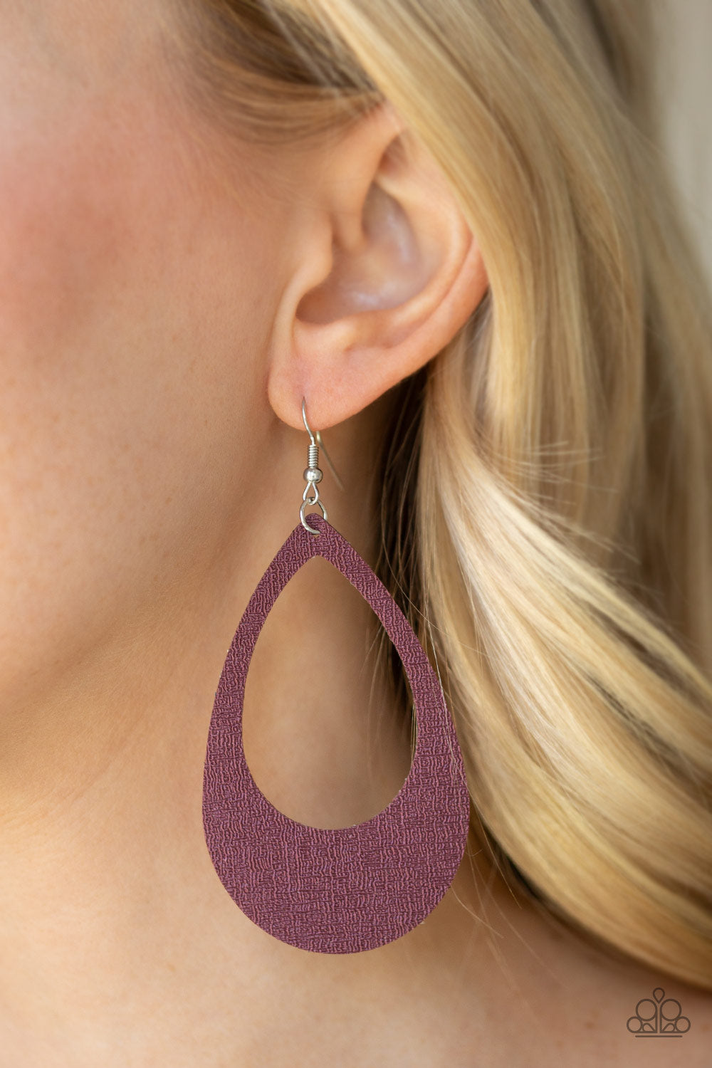 WHAT A NATURAL - PURPLE TEARDROP CUT OUT LEATHER EARRINGS