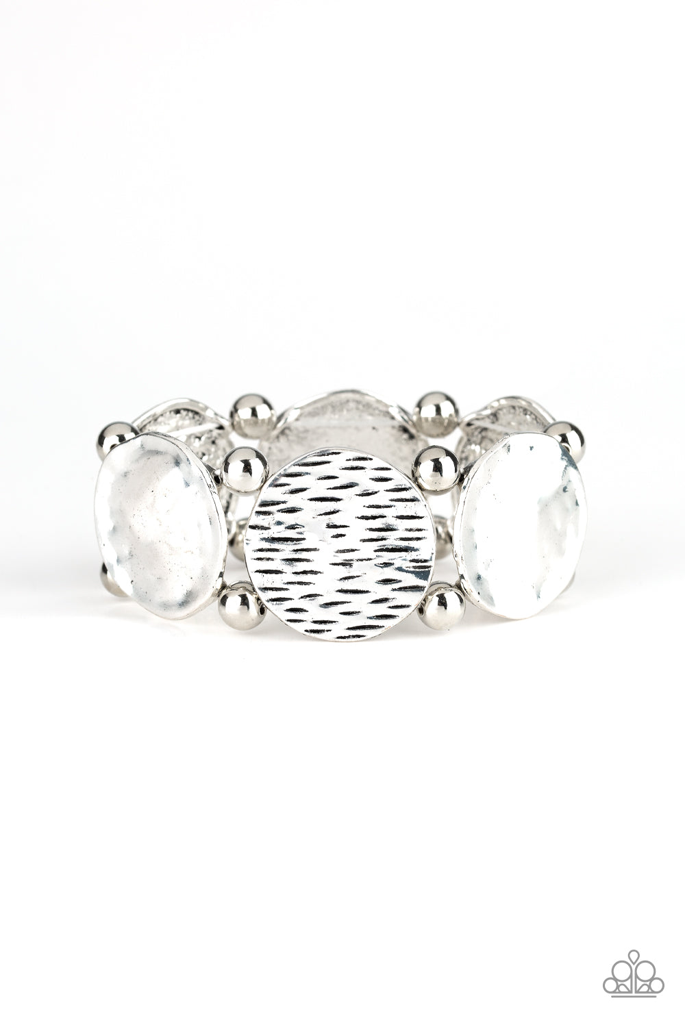 BOLDLY BASIC - SILVER MEDALLIONS TEXTURED SMOOTH ROUNDS STRETCH BRACELET