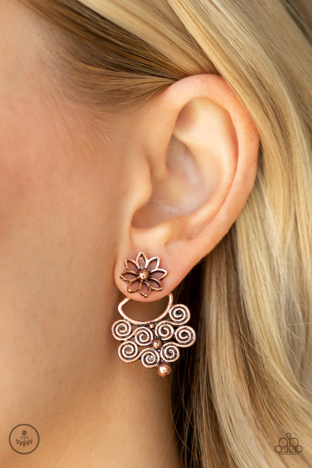 GARDEN SPINDRIFT - COPPER TWISTED ROLLED FLOWER EAR JACKET DOUBLE POST EARRINGS