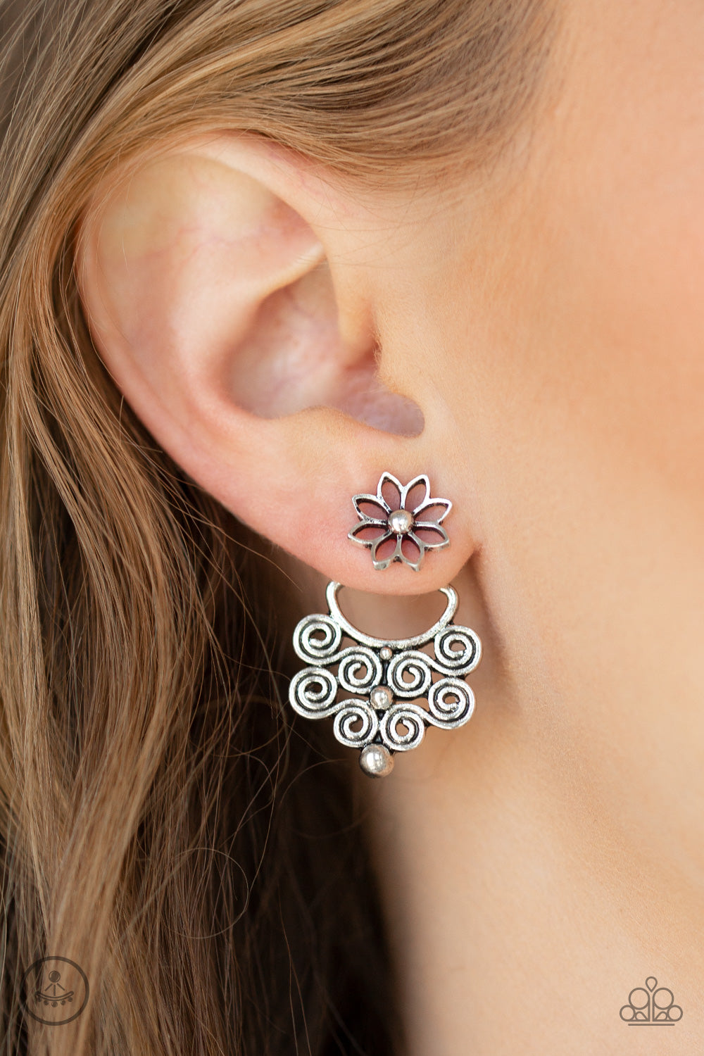 GARDEN SPINDRIFT - SILVER TWISTED ROLLED FLOWER EAR JACKET DOUBLE POST EARRINGS