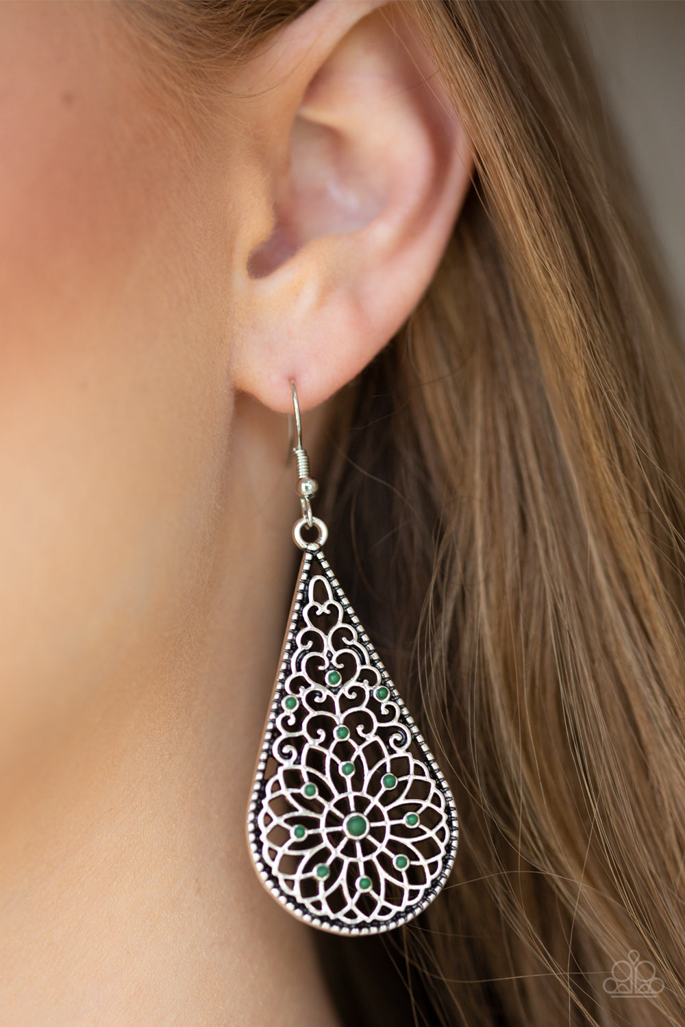 MANDALA MAKEOVER - GREEN BEADS TEARDROP SILVER FLORAL MANDALAS TEARDROP EARRINGS