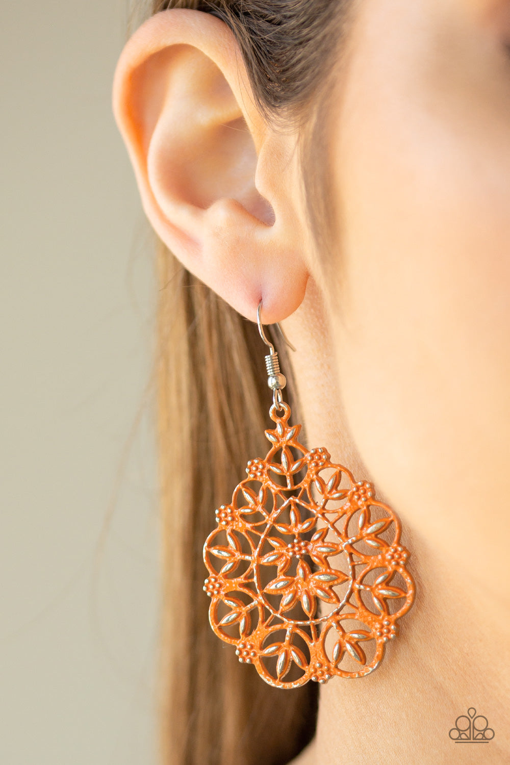 GARDEN PARTY PRINCESS - ORANGE FILIGREE FLORAL CUT OUT TEARDROP EARRINGS