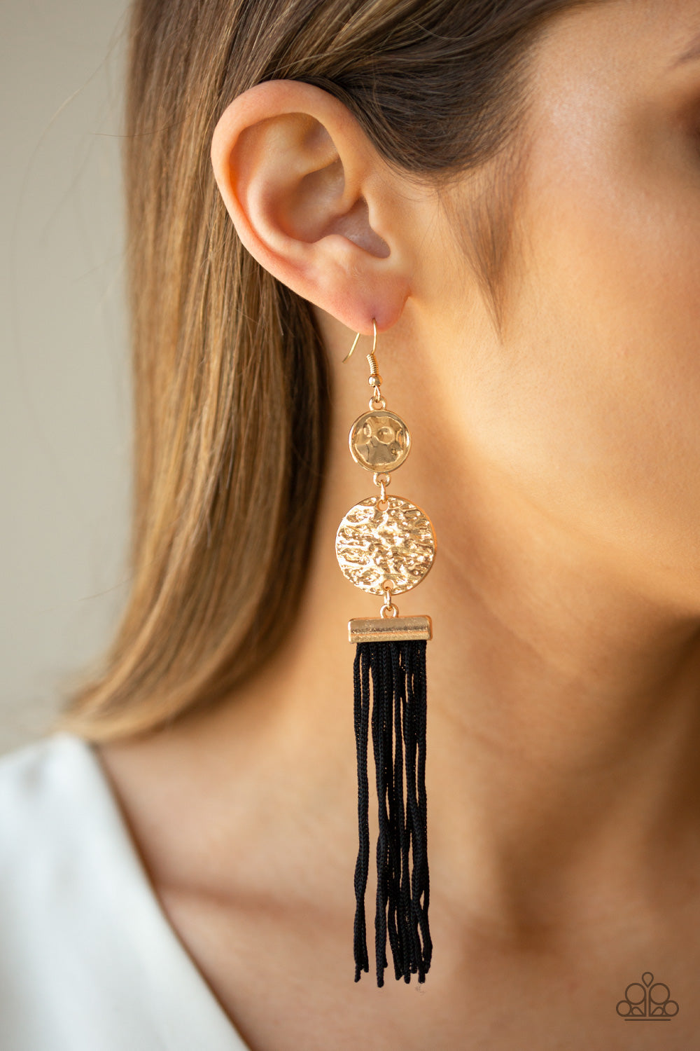 LOTUS GARDENS - GOLD HAMMERED DISC BLACK THREAD TASSELS EARRINGS