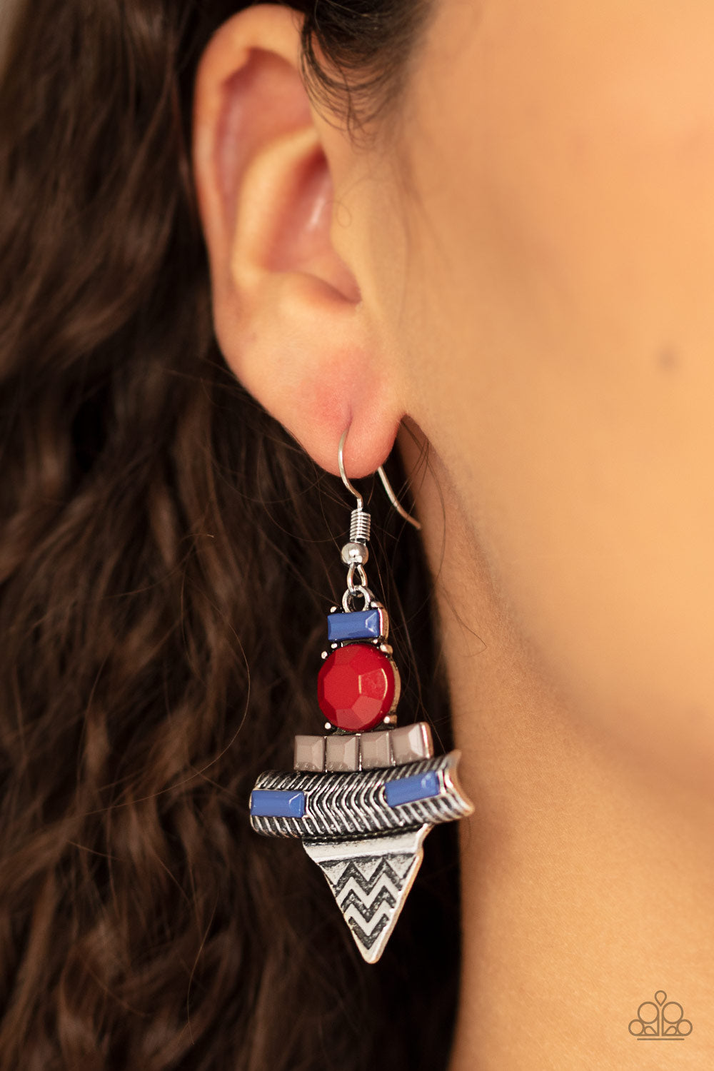 TRIBAL TERRAIN - MULTI BLUE RED GRAY BEADS CHEVRON SILVER EARRINGS