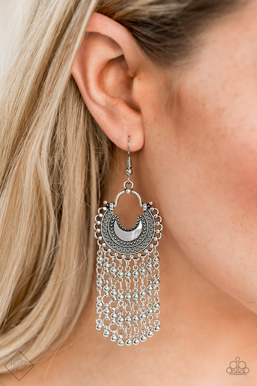 CATCHING DREAMS - SILVER CRESCENT DREAM CATCHER STYLE FRINGE FASHION FIX EARRINGS
