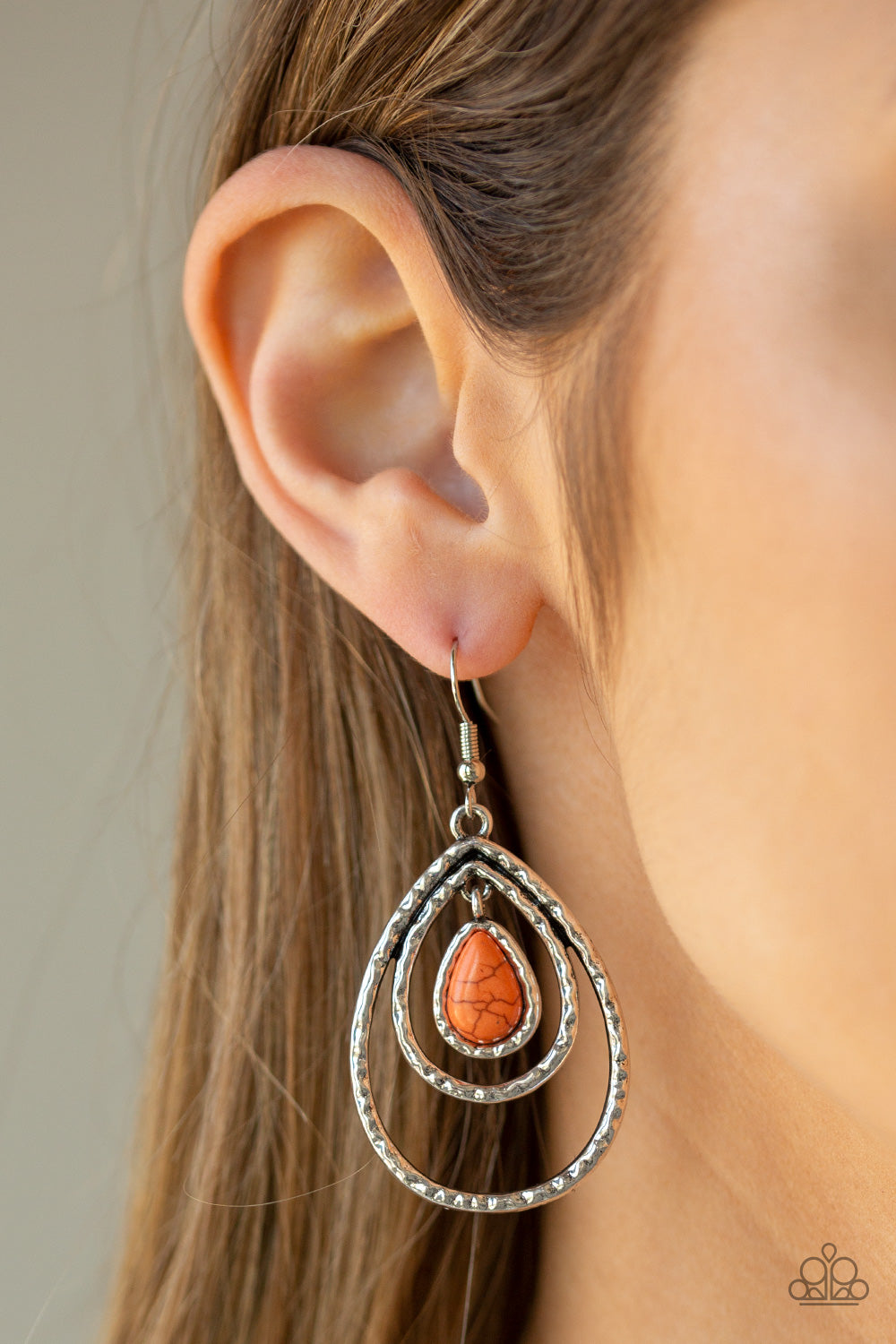 DESERT TEMPEST - ORANGE TURQUOISE SILVER TEXTURED DOUBLE TEARDROPS EARRINGS