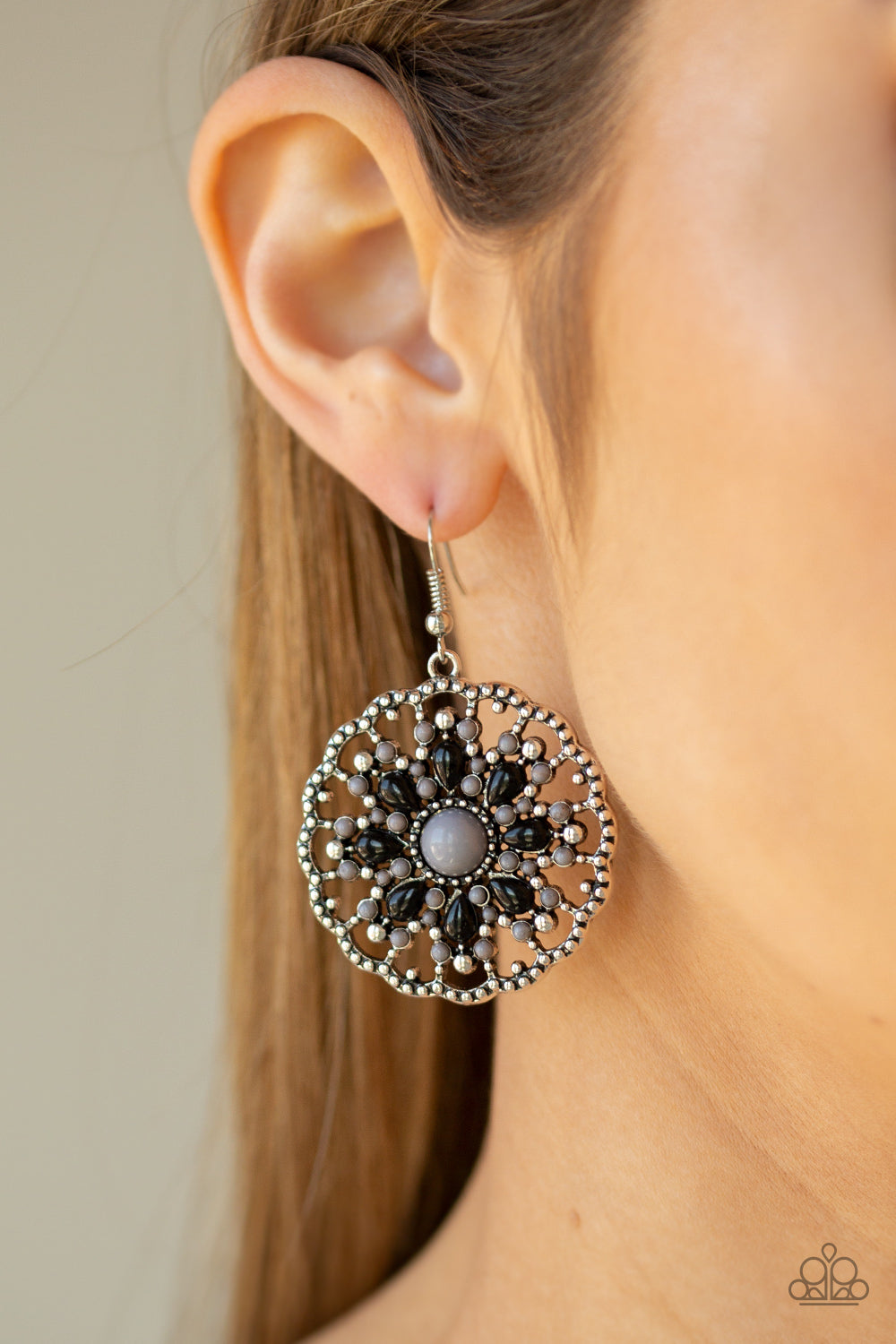 MARDI GRAS GARDEN - SILVER GRAY BLACK BEADS FLORAL FLOWER PENDANT EARRINGS