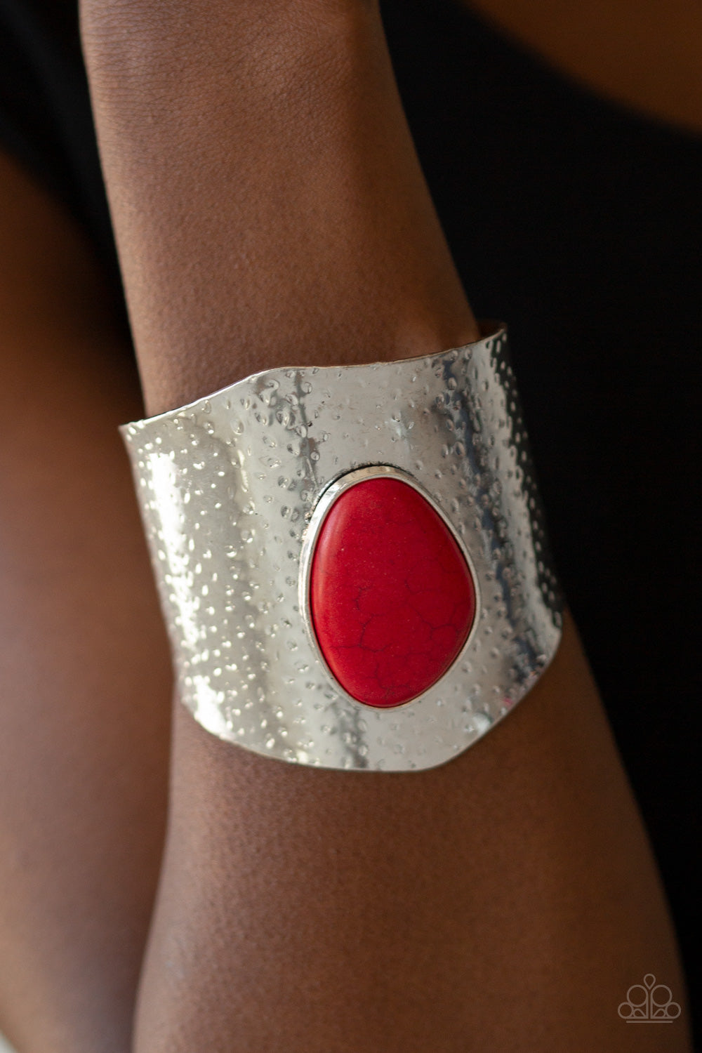 CASUAL CANYONEER - RED TURQUOISE HAMMERED SILVER CUFF BRACELET