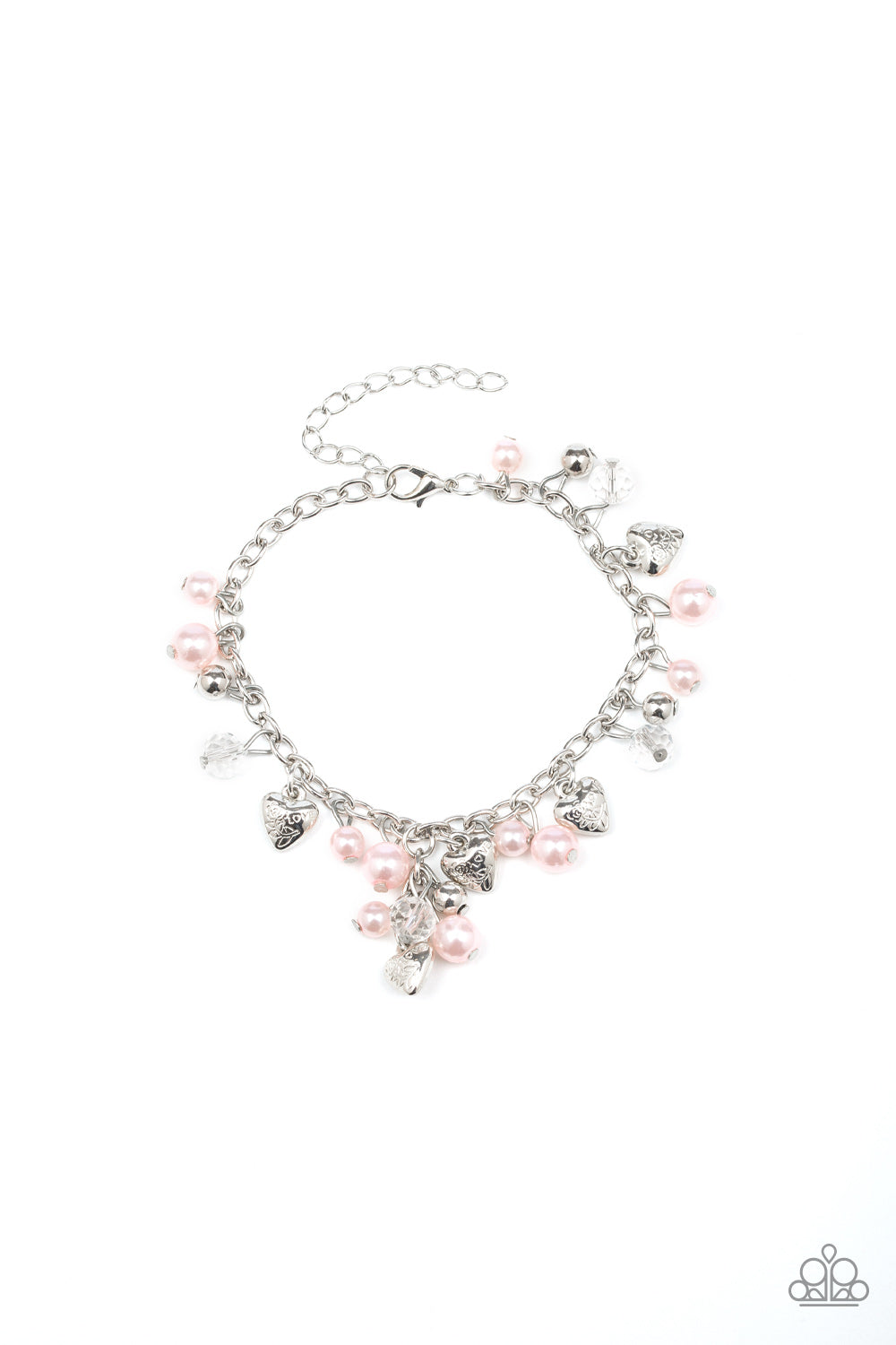 HEART HAVEN - PINK PEARLS SILVER HEARTS CHARM BRACELET