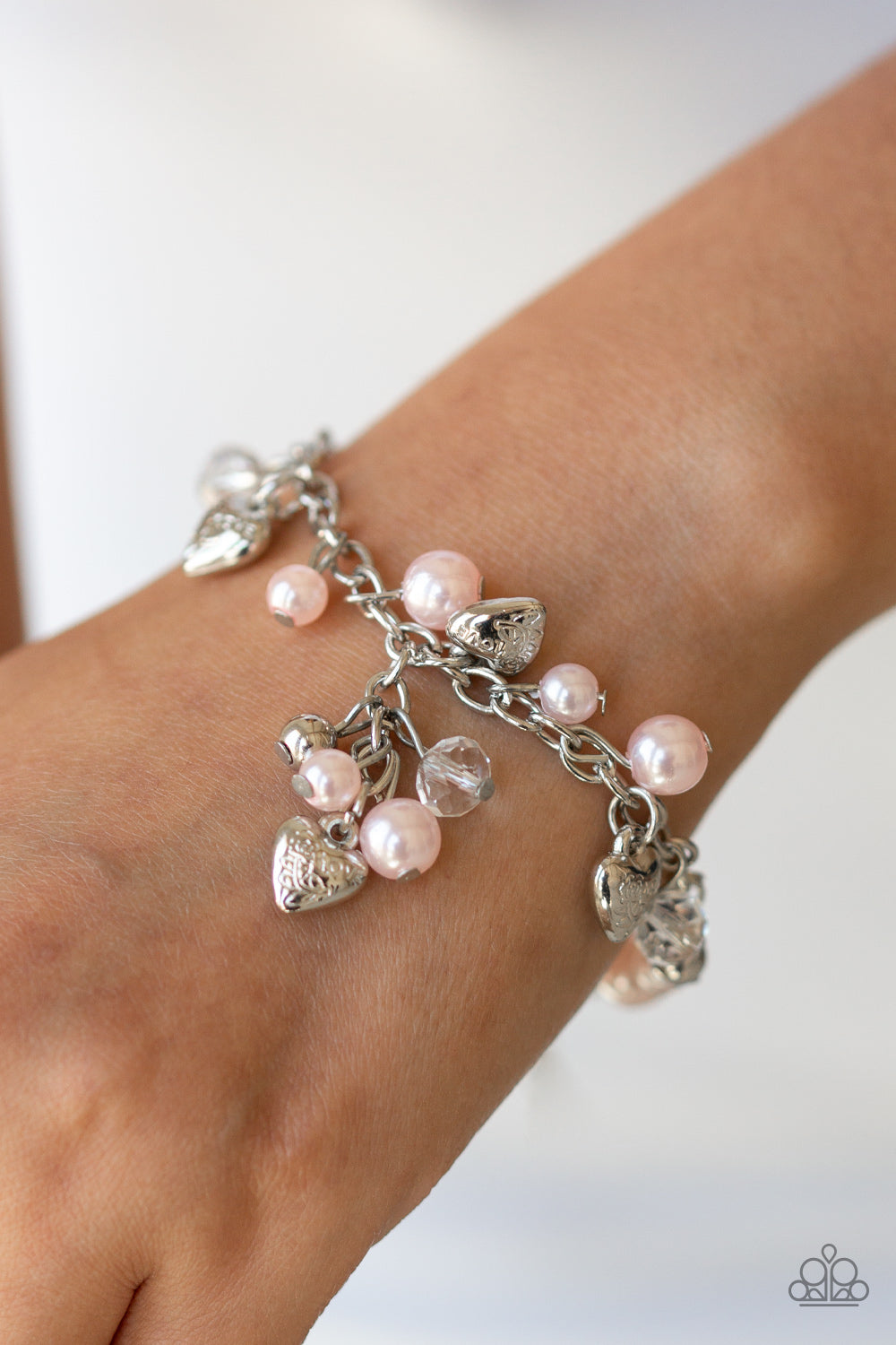 HEART HAVEN - PINK PEARLS SILVER HEARTS CHARM BRACELET