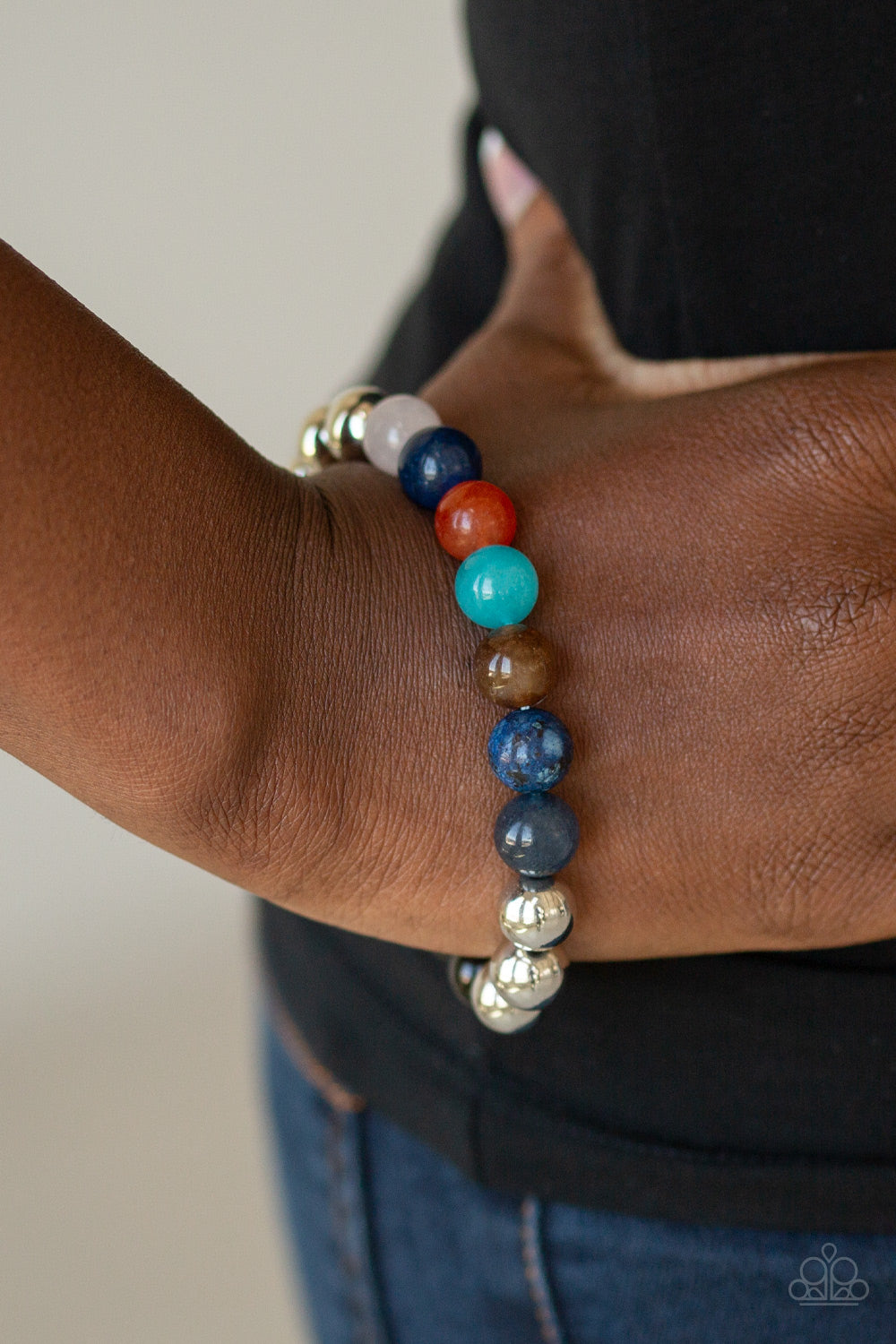 REFLECTION - MULTI COLOR BLUE AQUA BROWN SILVER BLACK ORANGE POLISHED NATURAL STONES STRETCH BRACELET