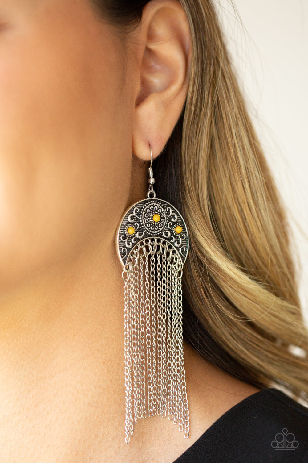 LUNAR MELODY - YELLOW BEAD FLORAL CRESCENT MOON SILVER CHAIN TASSEL EARRINGS