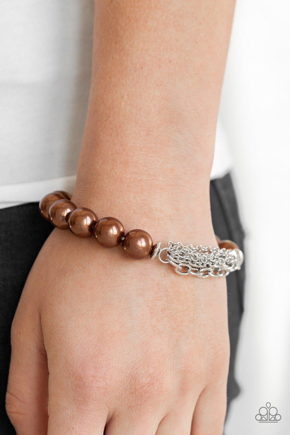 HOLLYWOOD HEELS - BROWN PEARLS SILVER CHAINS STRETCH BRACELET