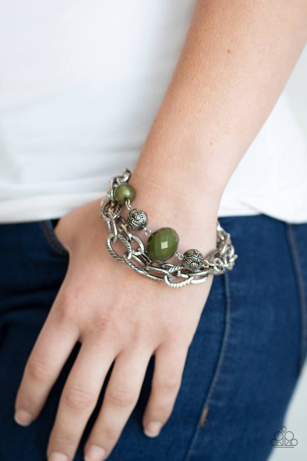 MEGA MALIBU - GREEN OLIVE BEAD CHAIN LINK BRACELET
