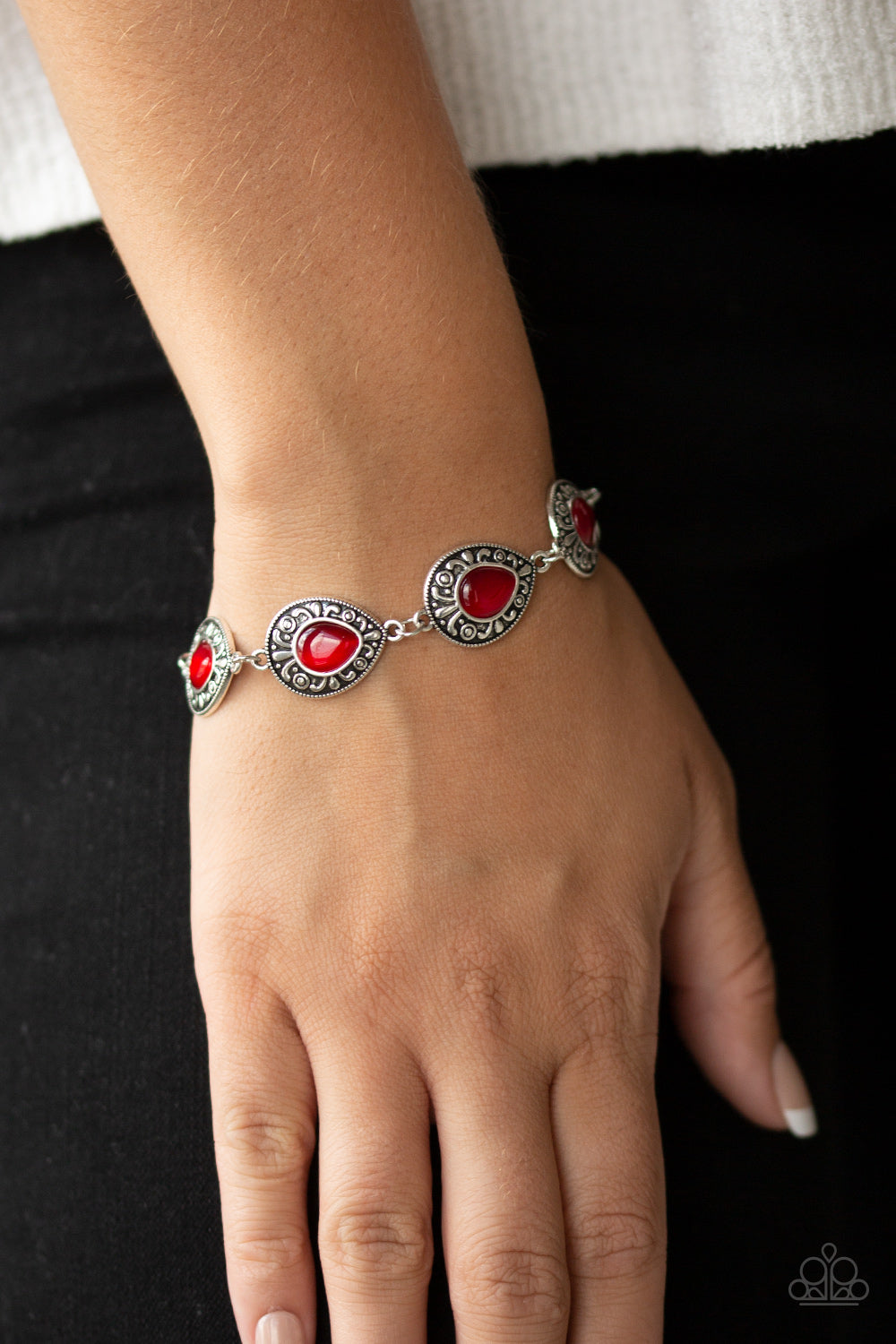 ENCHANTINGLY EVER AFTER - RED MOONSTONE TEARDROPS SILVER BRACELET