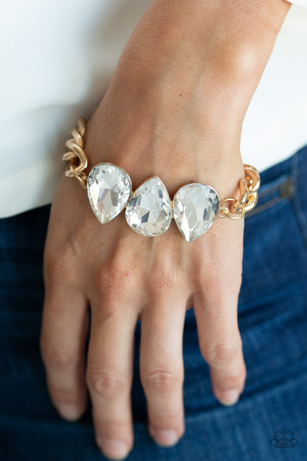 BRING YOUR OWN BLING - GOLD 3 LARGE TEARDROP RHINESTONES BOLD BRACELET
