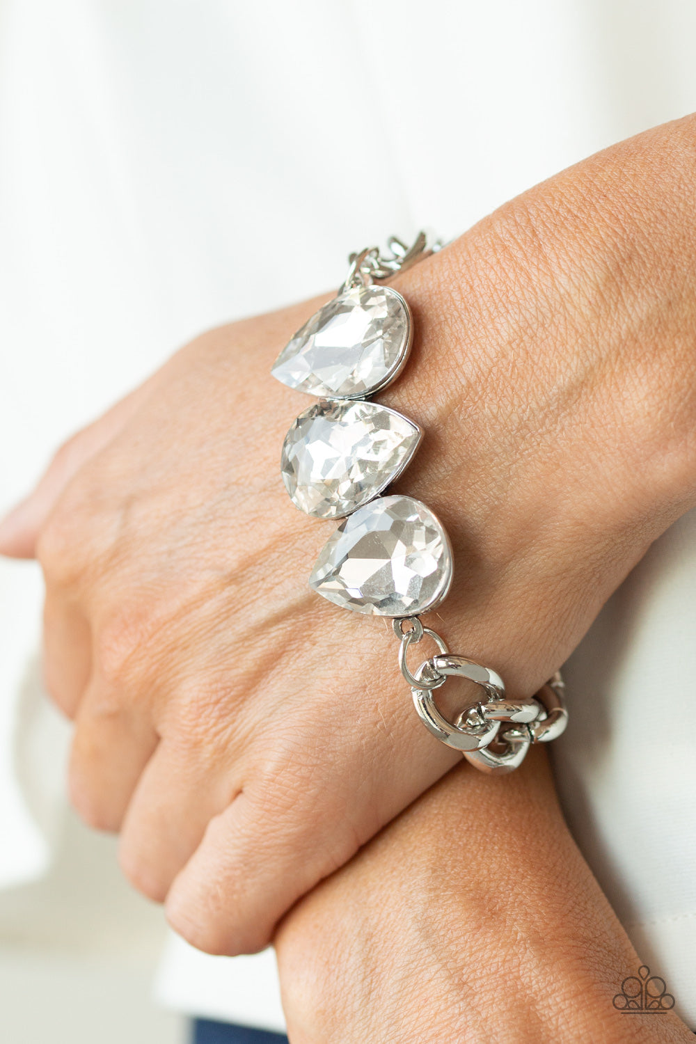 BRING YOUR OWN BLING - WHITE 3 LARGE TEARDROP RHINESTONES BOLD BRACELET