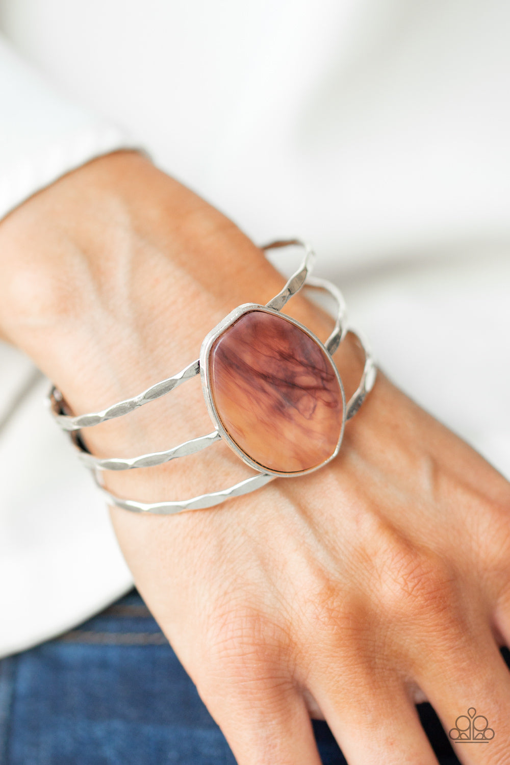 CANYON DREAM - BROWN MARBLED ACRYLIC SILVER BAR CUFF BRACELET