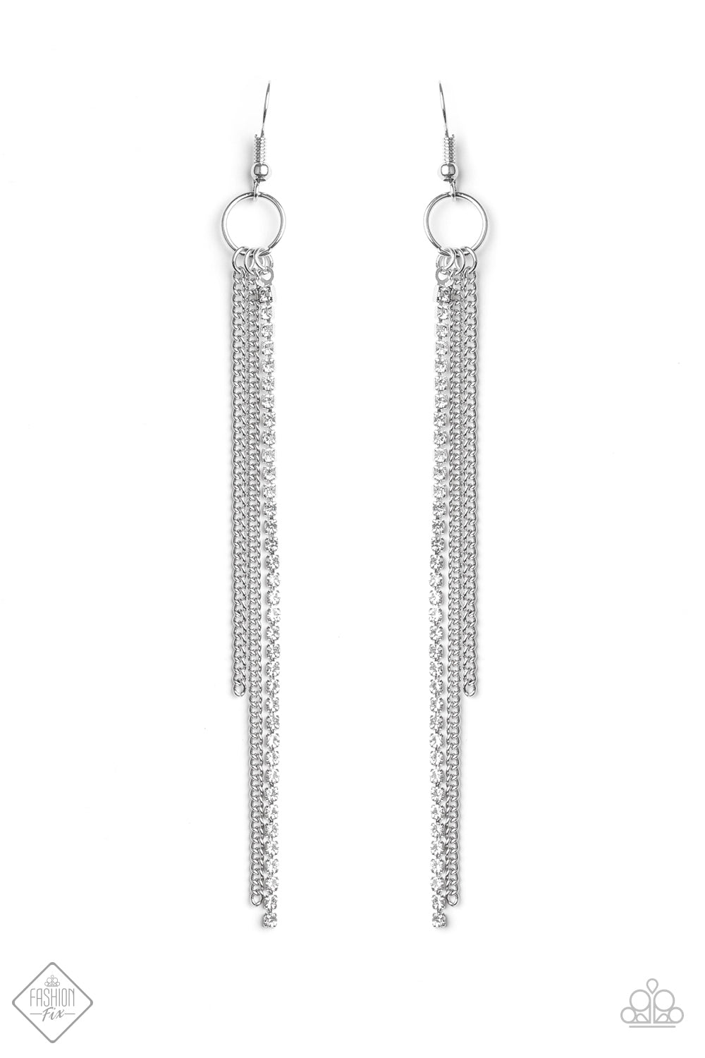 7 DAYS A SLEEK - WHITE RHINESTONES SILVER CHAINS TASSEL FASHION FIX EARRINGS