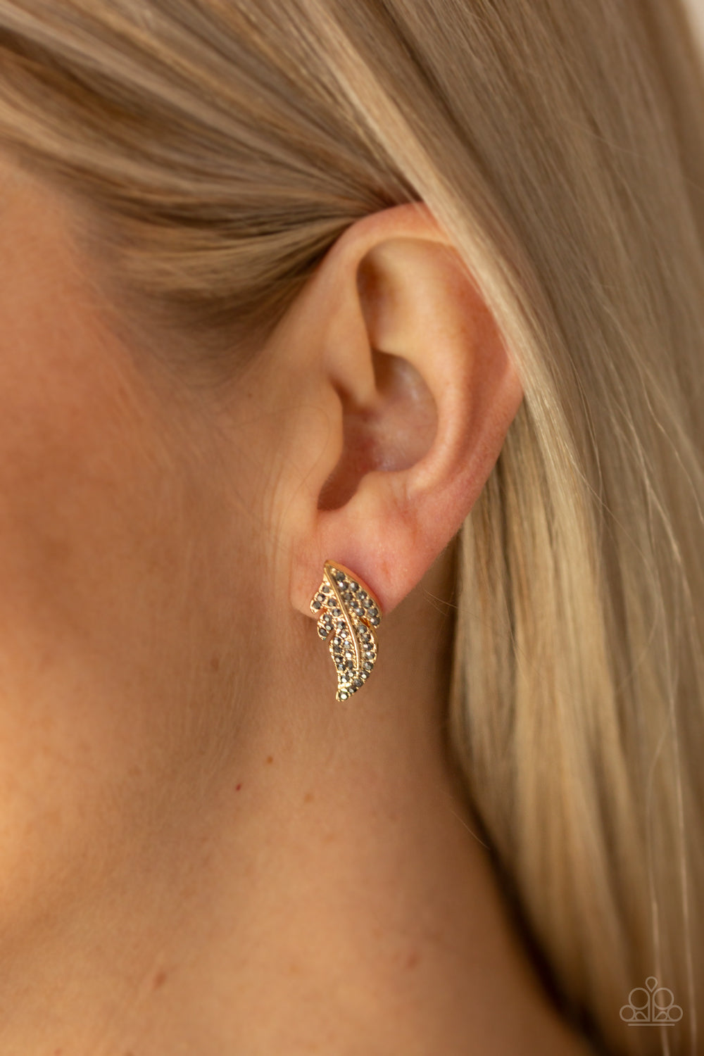 FEATHERED FORTUNE - GOLD FEATHER HEMATITE RHINESTONES POST DAINTY EARRINGS