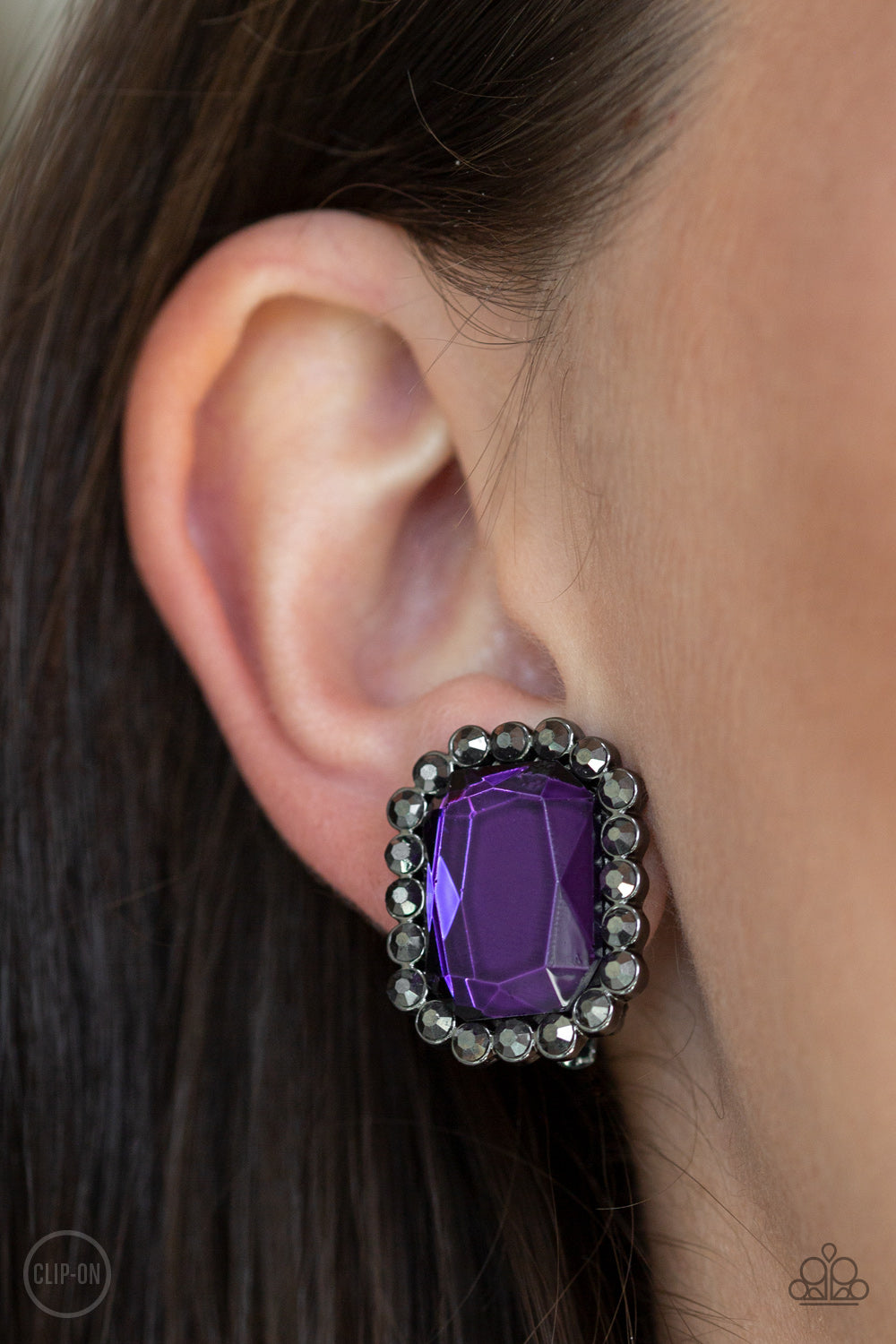 GLITTER ENTHUSIAST - PURPLE RHINESTONE CLIP ON EARRINGS