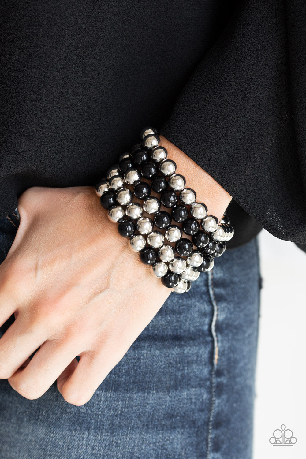 POP-YOU-LAR CULTURE - BLACK SILVER BEADS STRETCH BRACELET SET